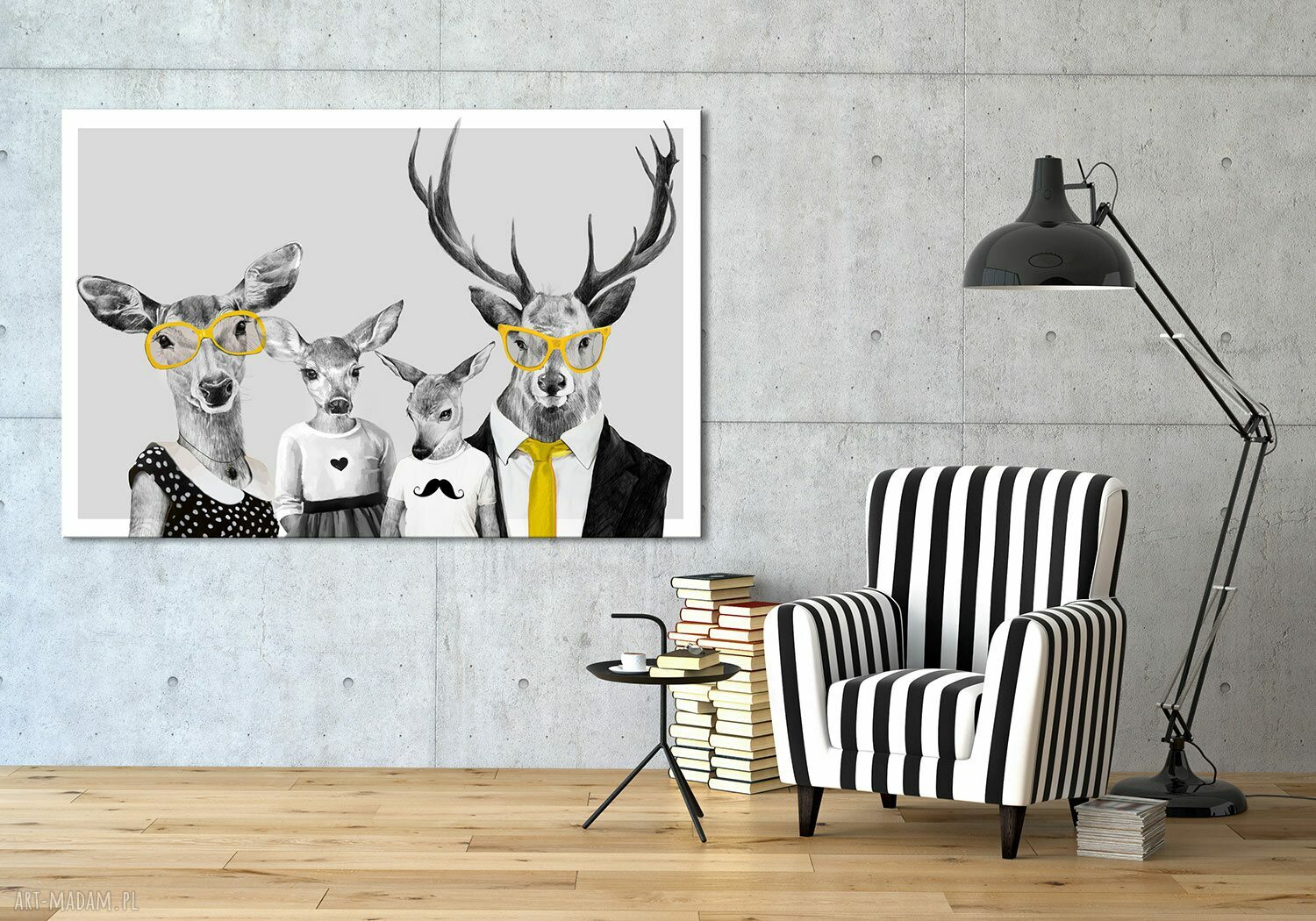 Nowoczesny obraz drukowany na płótnie 120x80 cm - Rodzina jeleni z żółtymi akcentami 02542