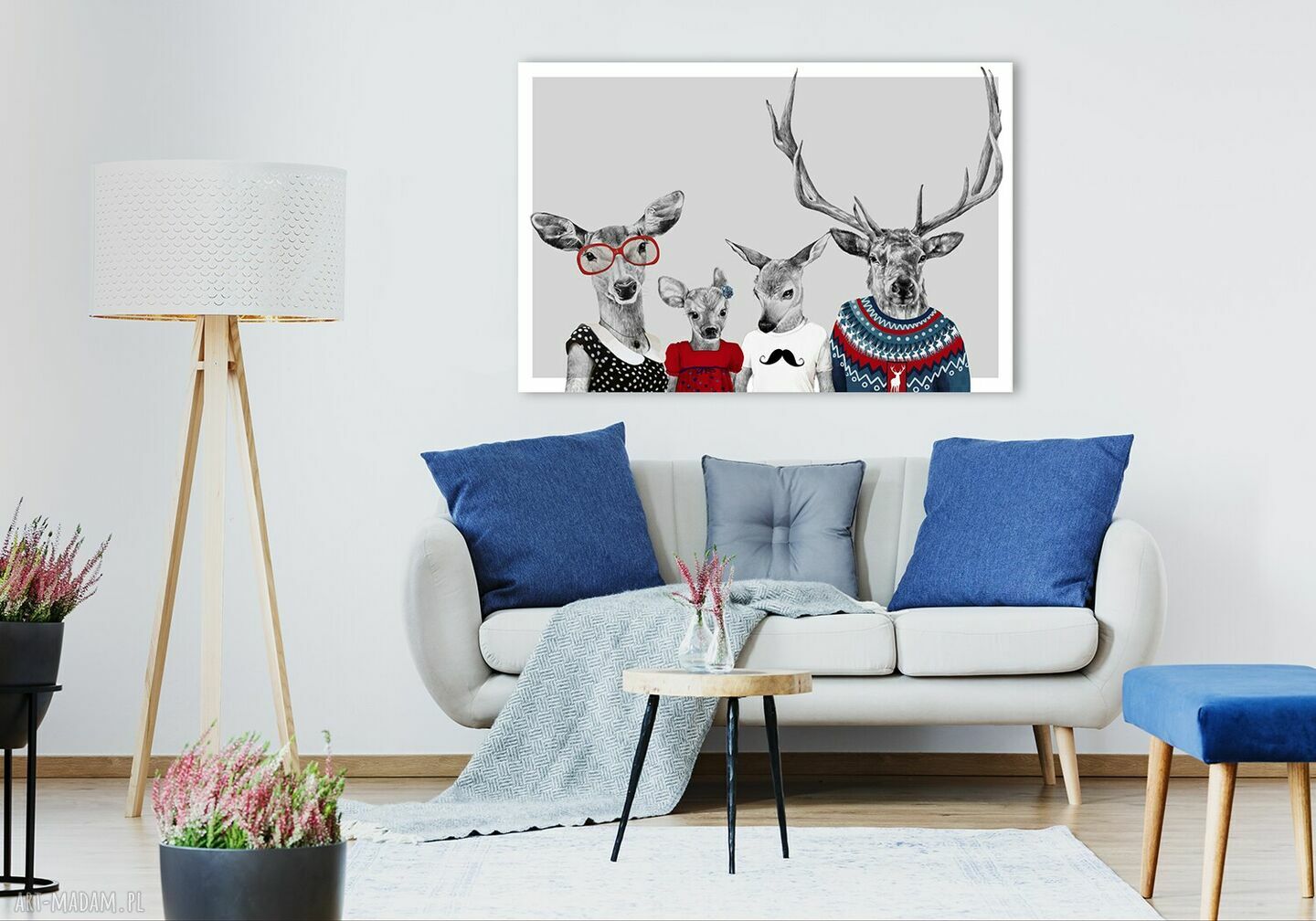 Nowoczesny obraz na płótnie 120x80 cm - Rodzina Jeleni w czerwonych dodatkach