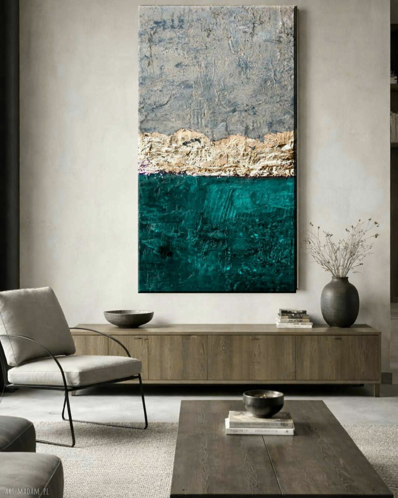 Duży obraz strukturalny 80x160 cm - turkus, złote akcenty i brudna biel
