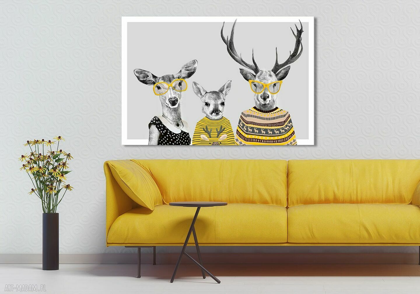 Nowoczesny obraz drukowany na płótnie 120x80 cm - rodzina jeleni w żółtych sweterkach 02459