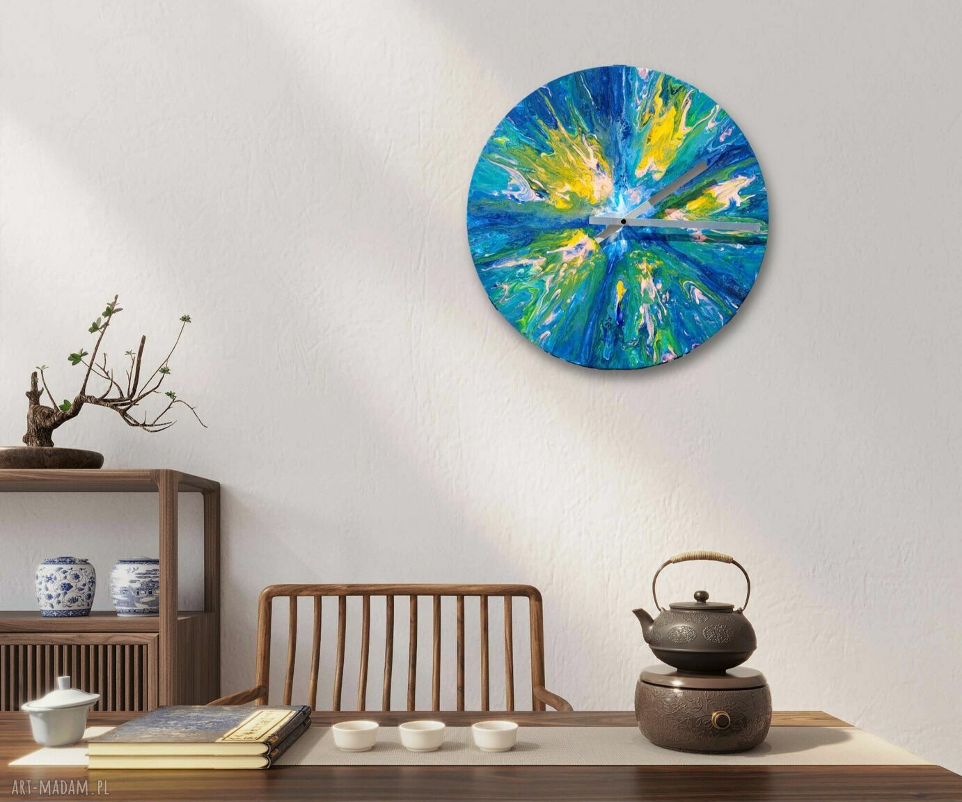 Nowoczesny abstrakcyjny zegar ścienny Ocean 40 cm - handmade z efektem pouringu