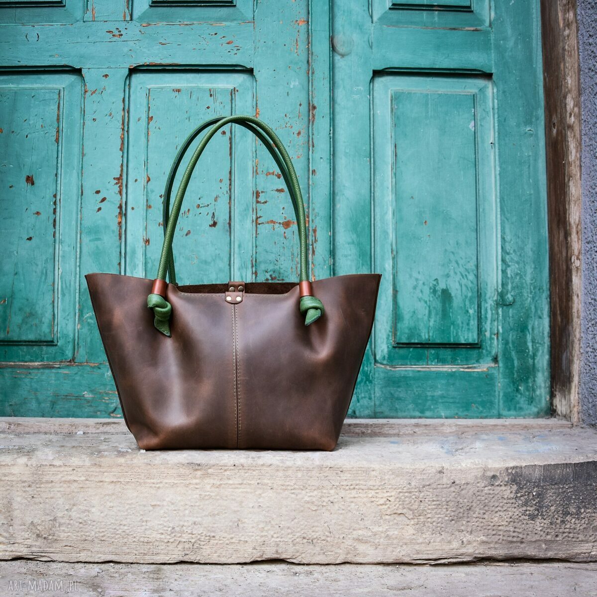 Ręcznie robiona skórzana torebka shopper brąz i zieleń od Ladybuq Art Studio