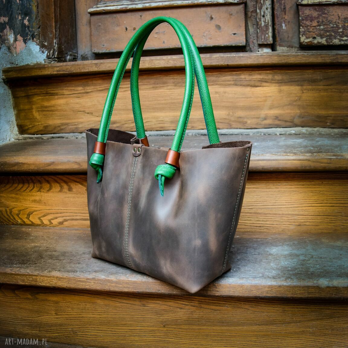 Ręcznie robiona skórzana torebka shopper brąz i zieleń od Ladybuq Art Studio