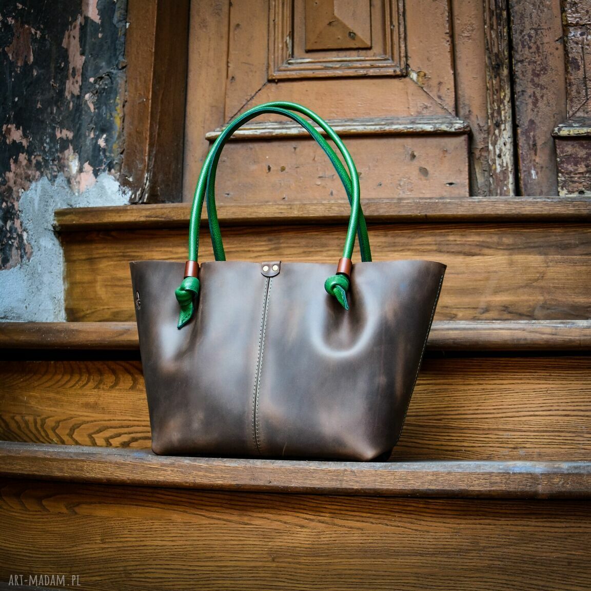 Ręcznie robiona skórzana torebka shopper brąz i zieleń od Ladybuq Art Studio
