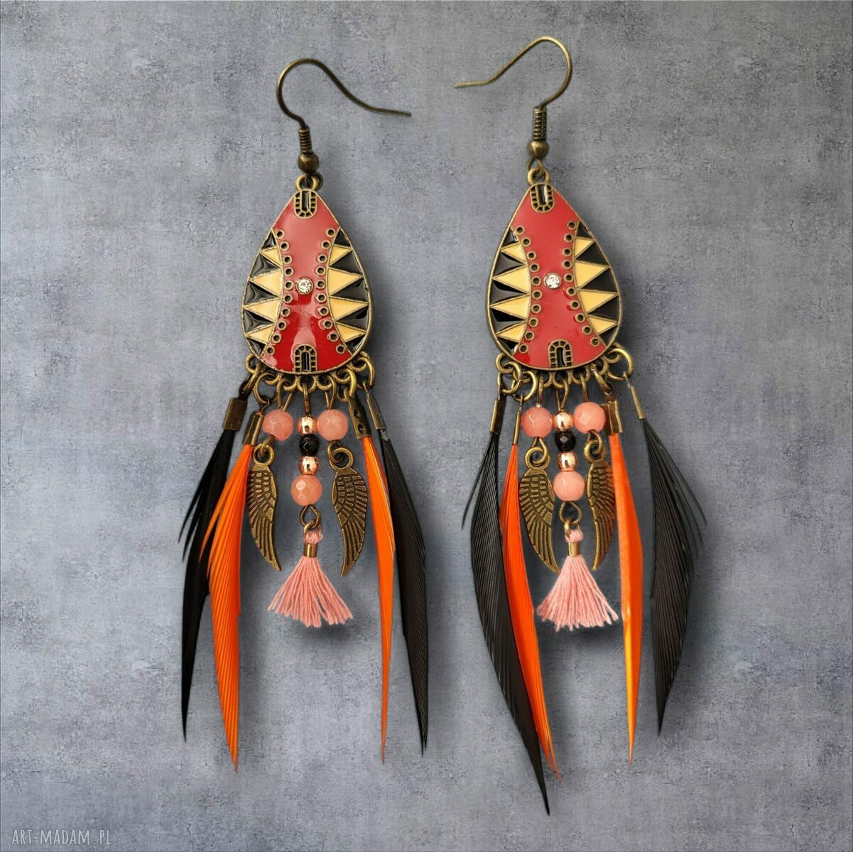 Kolczyki INDIANOO nr 10 - boho z piórkami i etnicznym motywem