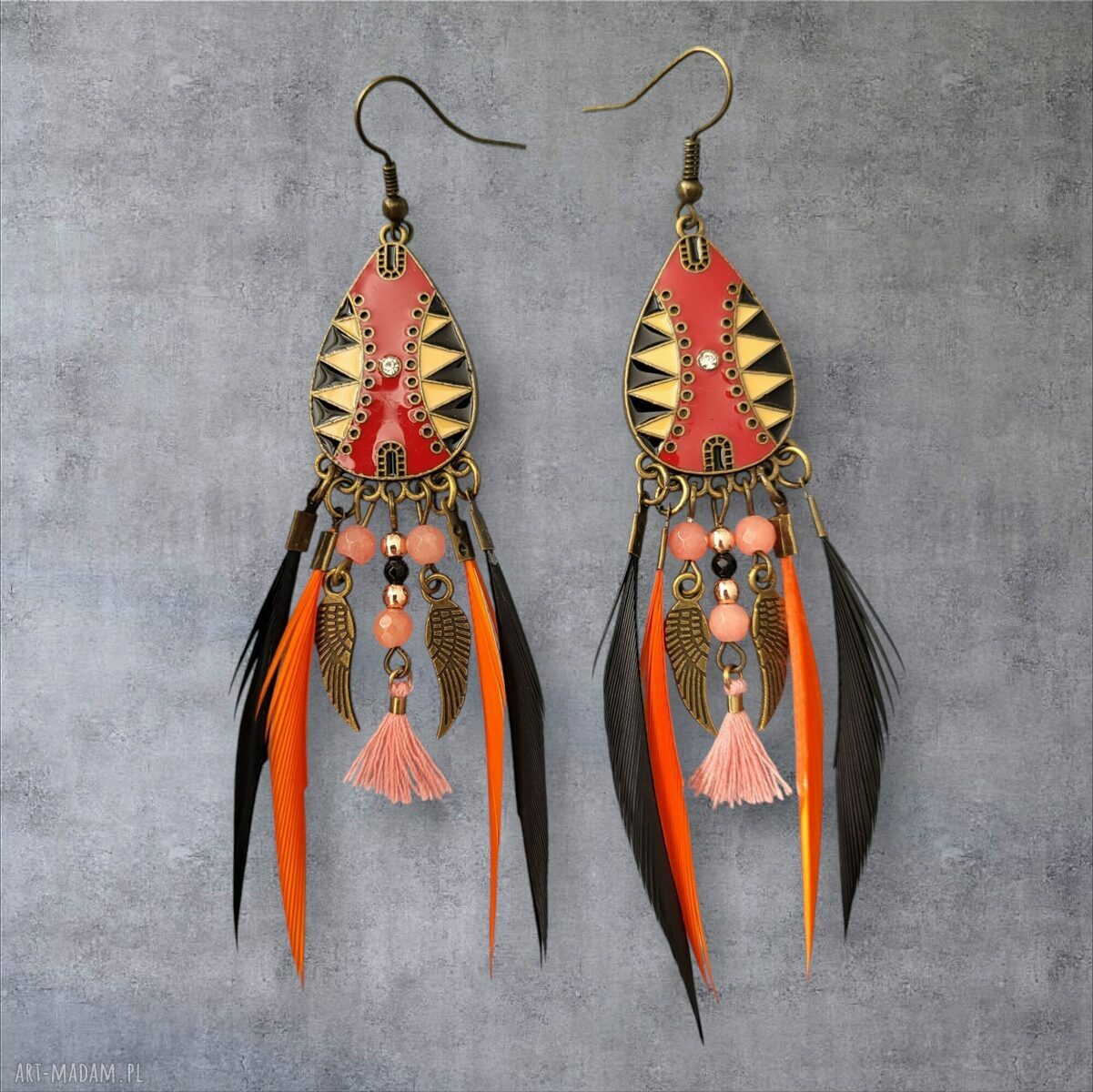 Kolczyki INDIANOO nr 10 - boho z piórkami i etnicznym motywem