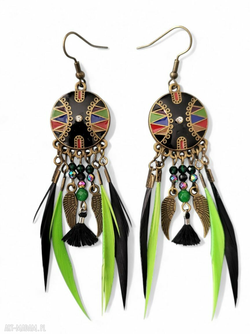 Kolczyki boho INDIANOO z piórkami - etniczne wiszące