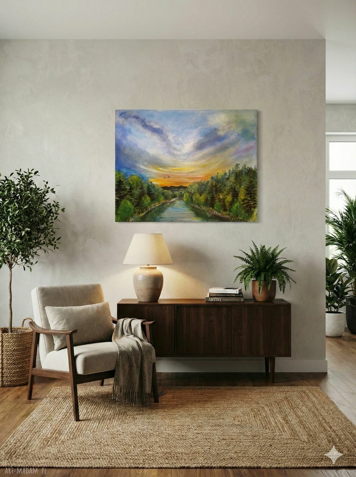 O zachodzie - obraz 100x80 cm z rzeką i lasem