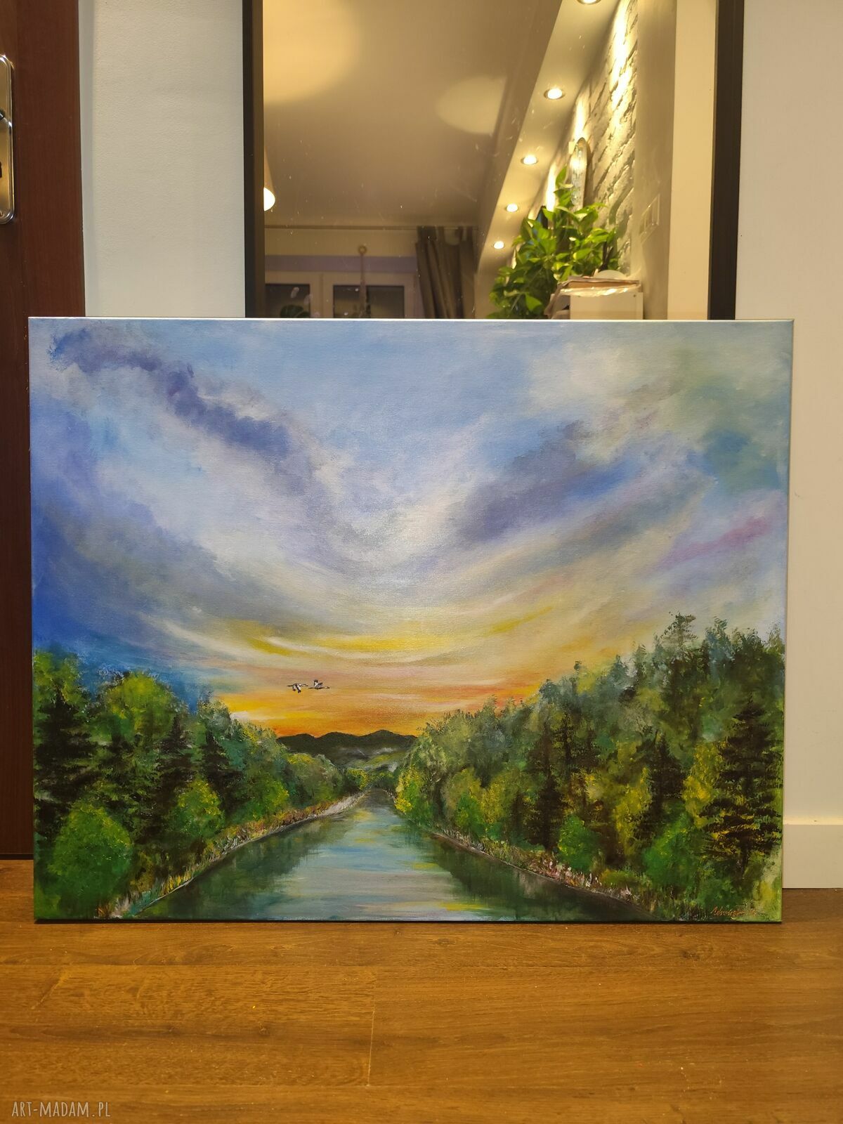 O zachodzie - obraz 100x80 cm z rzeką i lasem