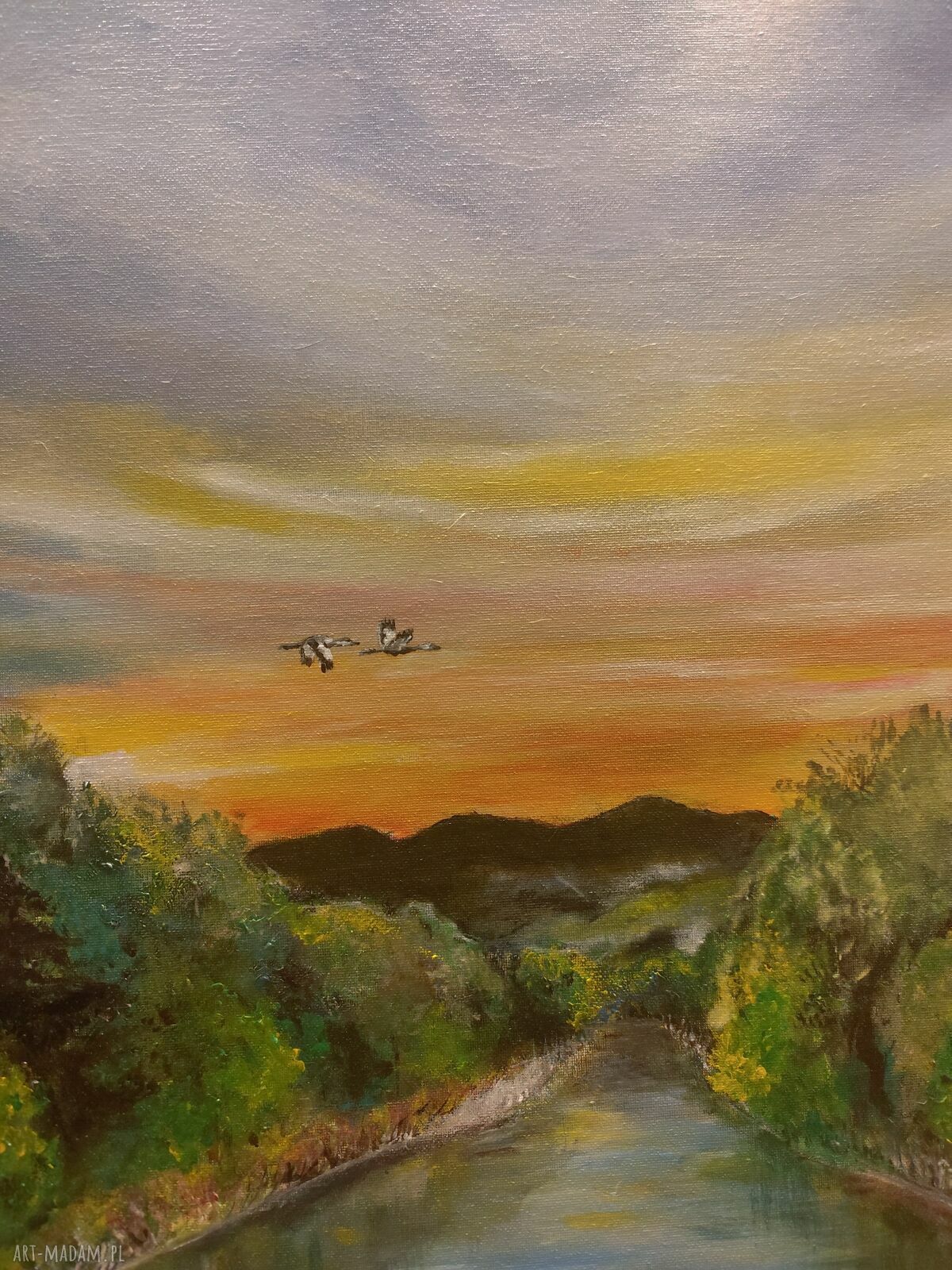 O zachodzie - obraz 100x80 cm z rzeką i lasem