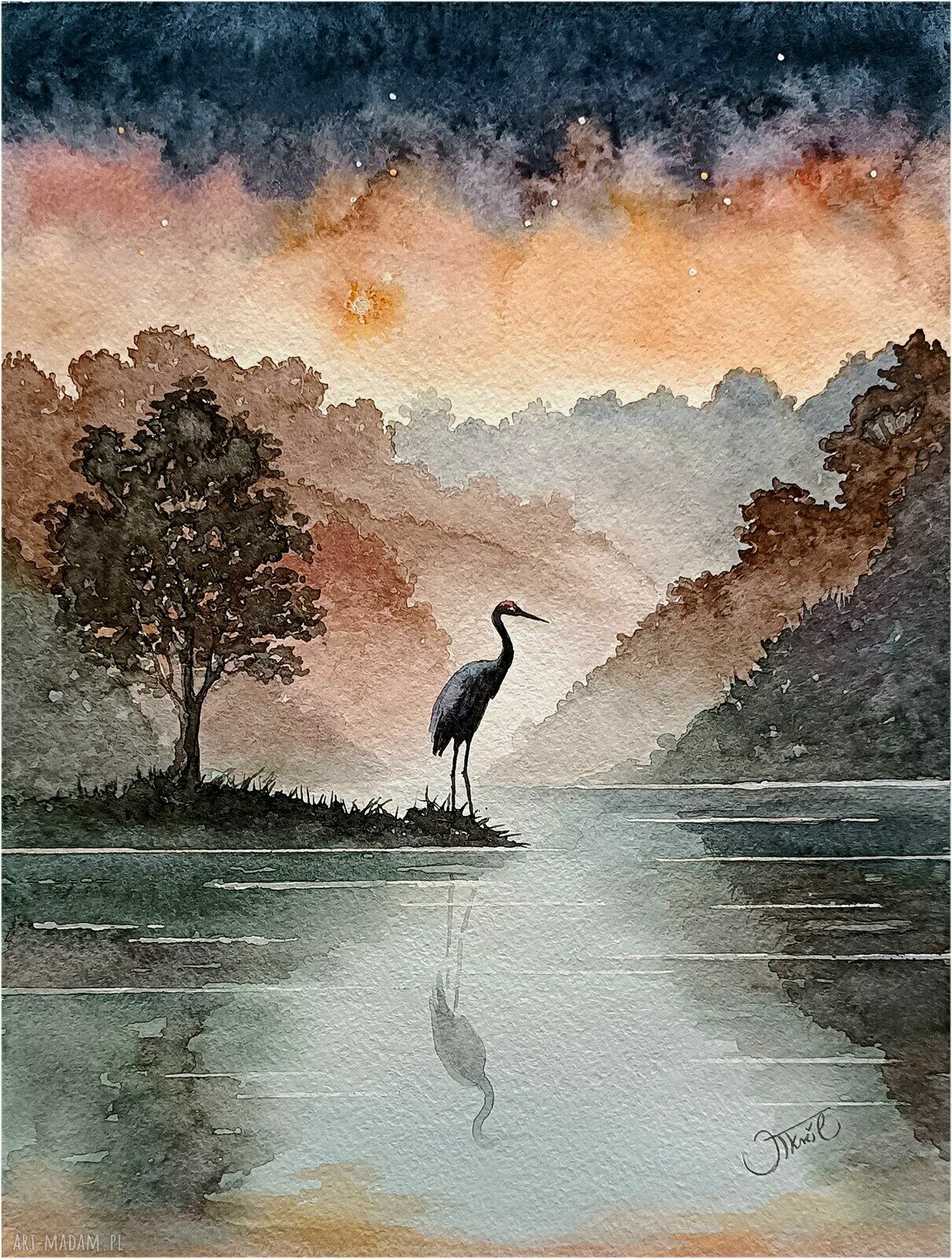 Oryginalna akwarela „O zmierzchu nad stawem” - żurawie, 24x32 cm