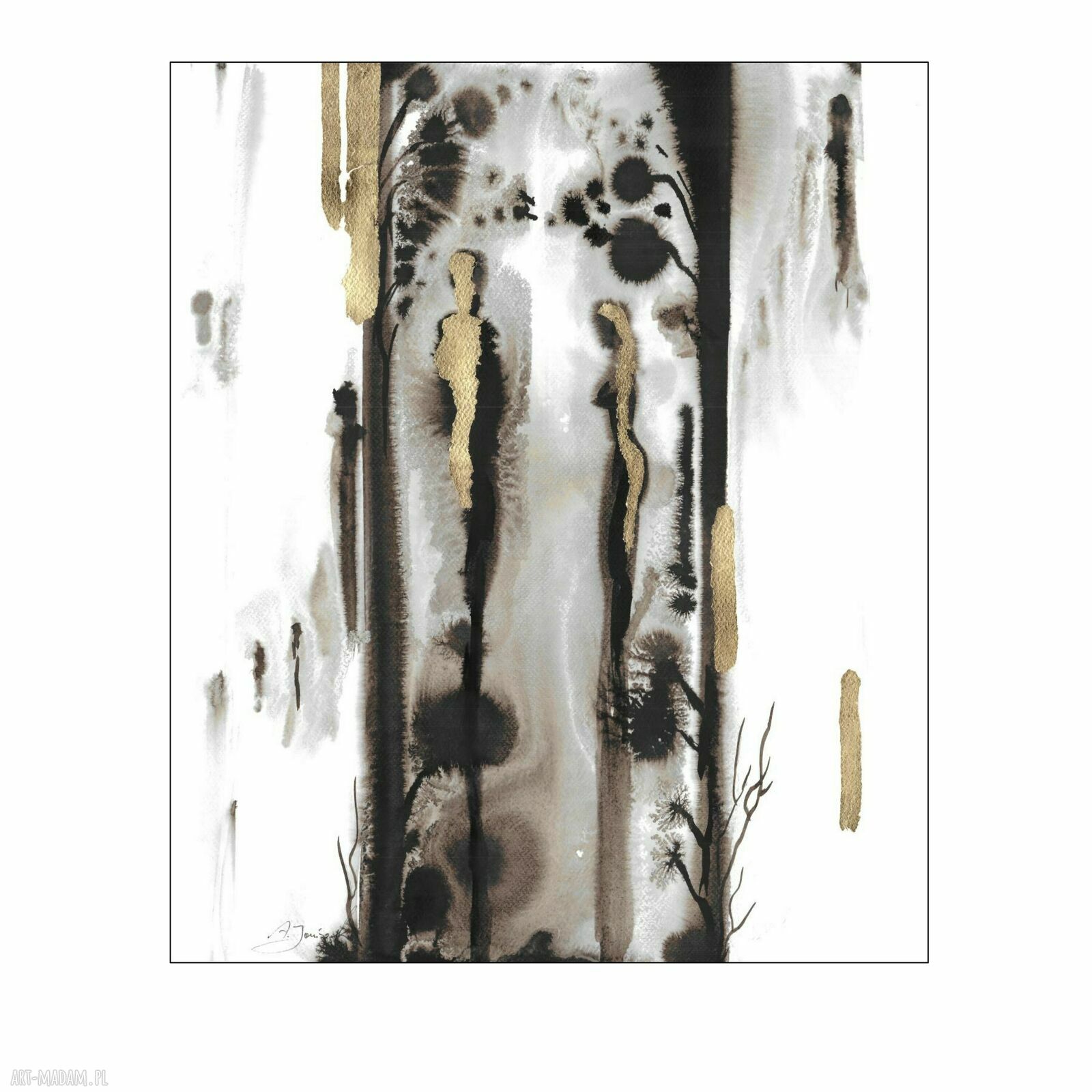 „Obecność” - ręcznie malowana i złocona grafika 53 x 45 cm