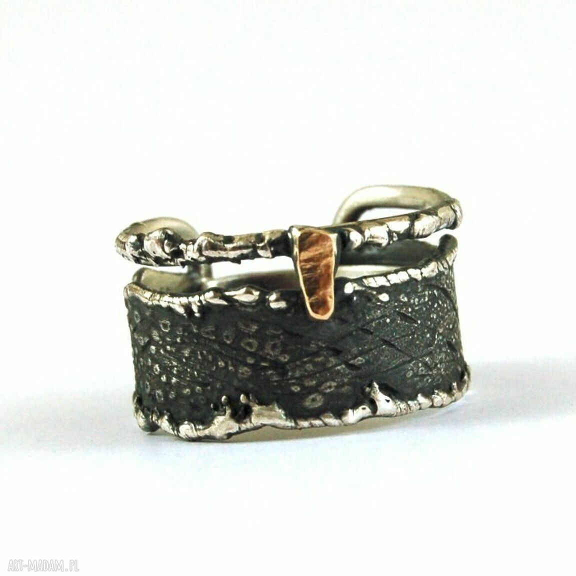 Obrączka męska srebro i złoto 585 - unisex, surowa, regulowana