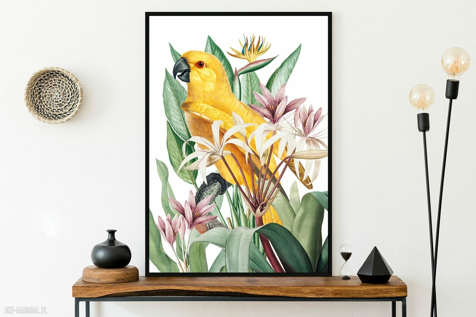 Obramowany plakat Papuga w kwiatach w czarnej ramie, 50x70 cm