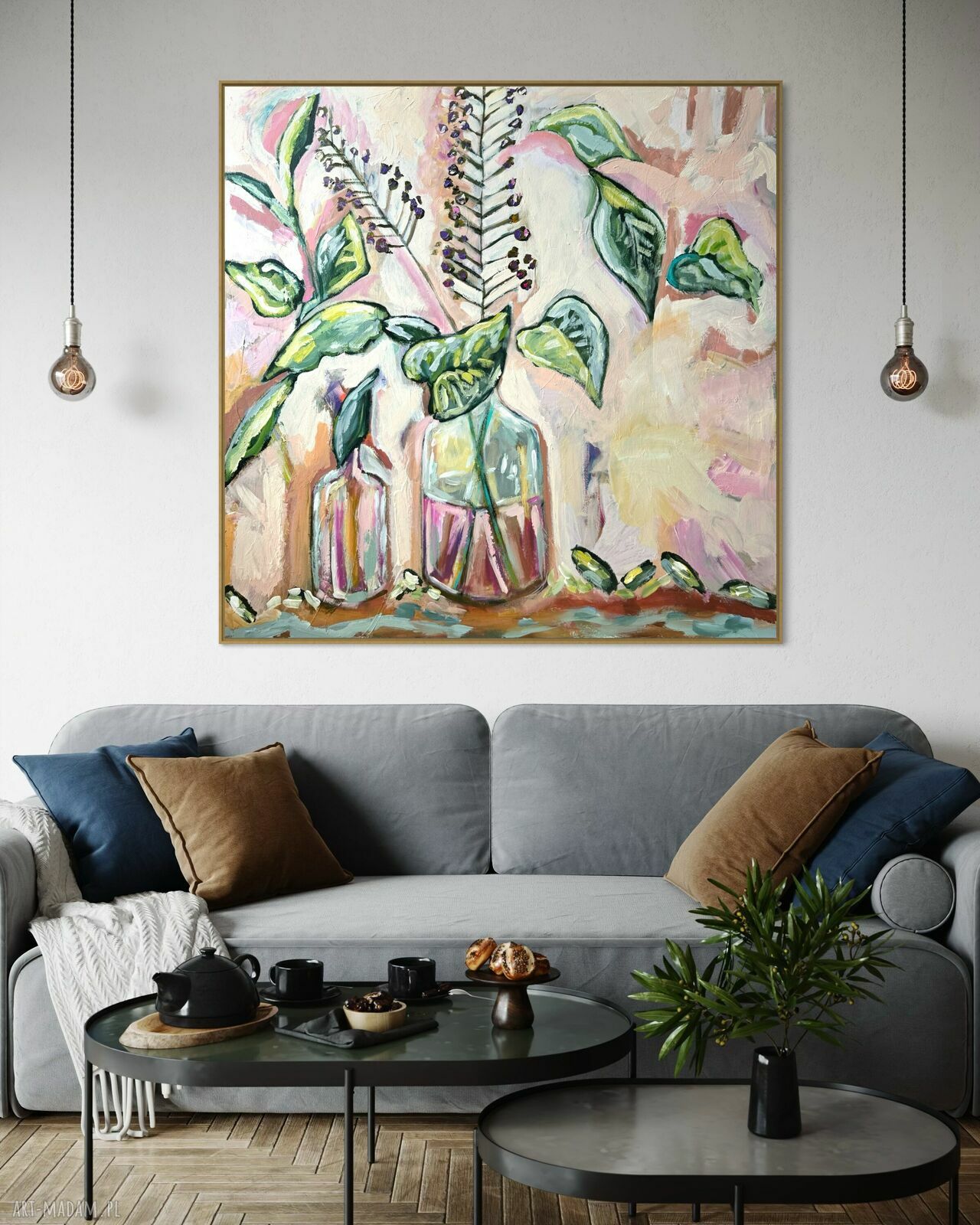 Ręcznie malowany obraz 100x100 cm - abstrakcja z motywem kwiatów do salonu