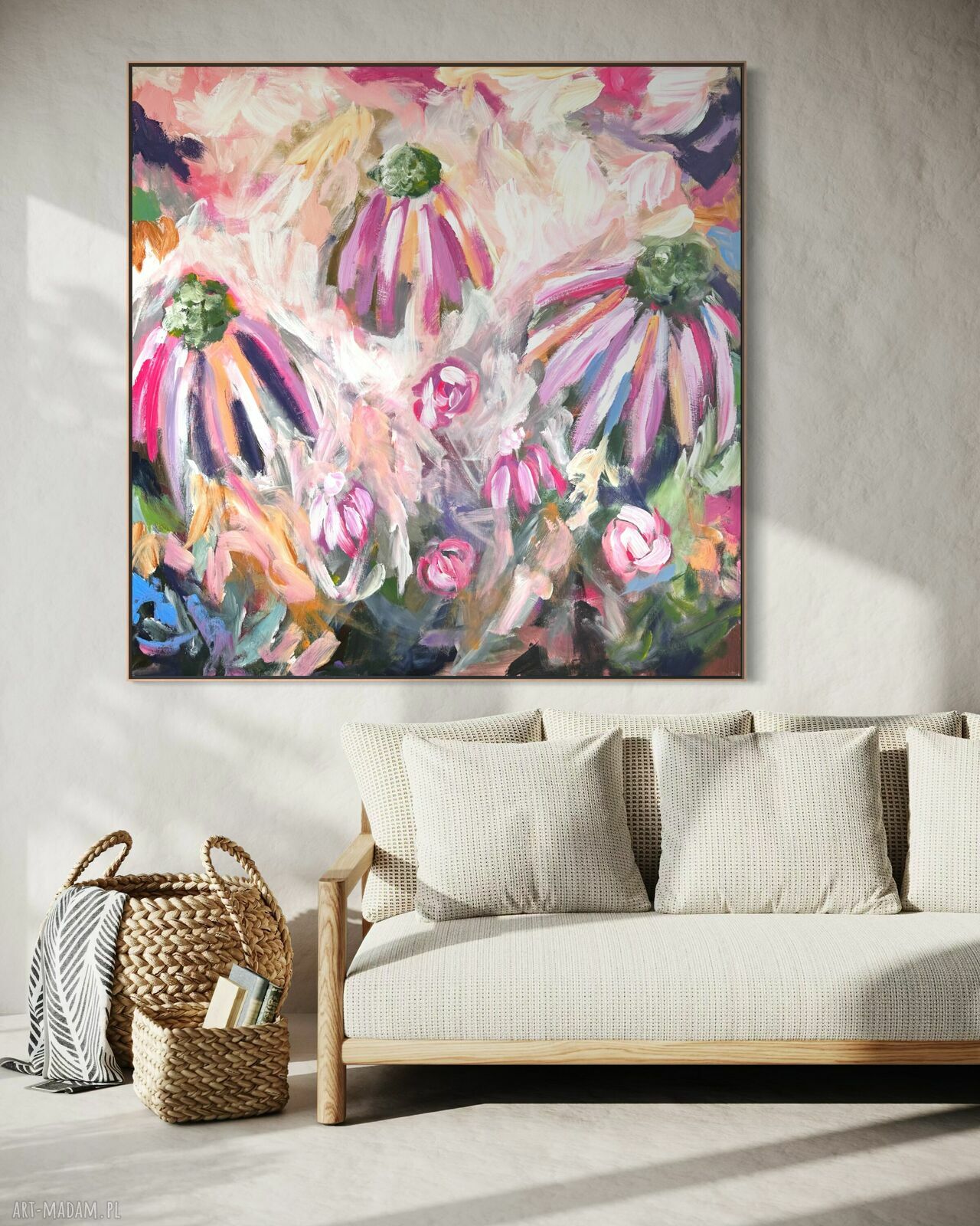 Ręcznie malowany obraz 100x100 cm w kwiatowej abstrakcji na płótnie