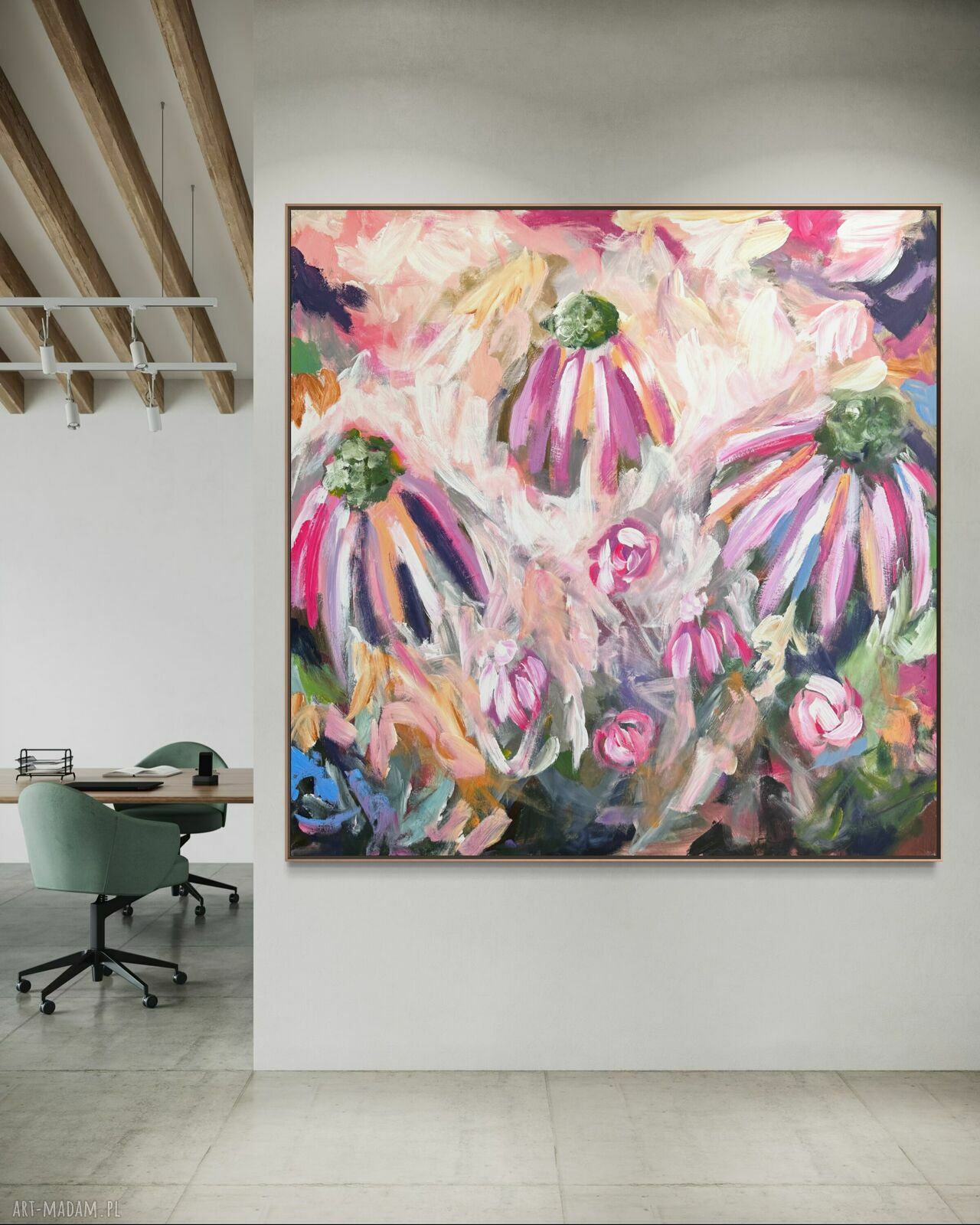 Ręcznie malowany obraz 100x100 cm w kwiatowej abstrakcji na płótnie