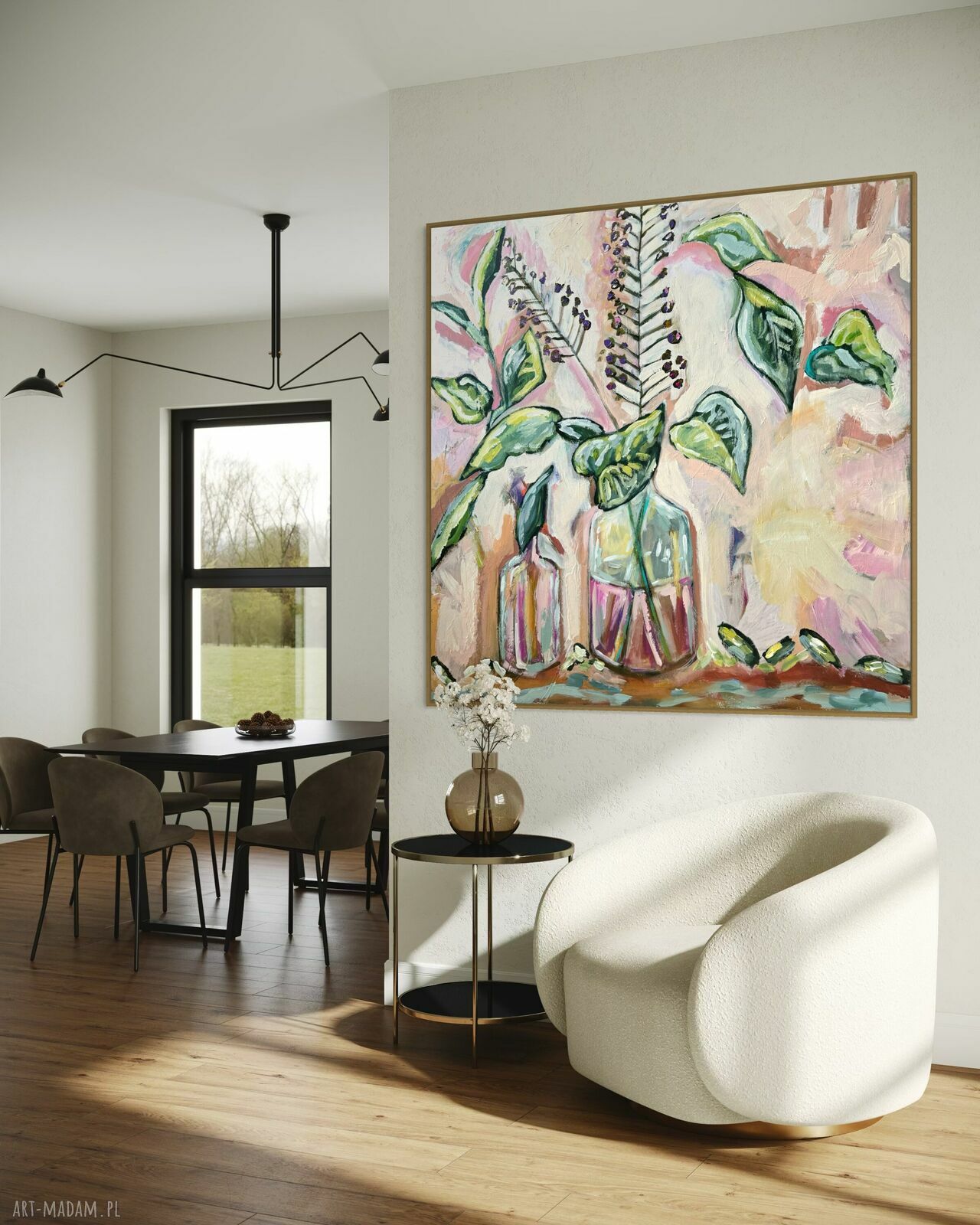 Ręcznie malowany obraz 100x100 cm - abstrakcja z motywem kwiatów do salonu