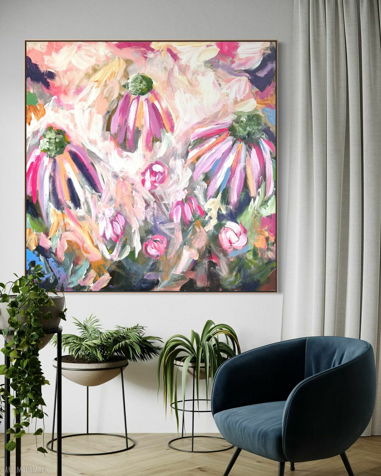 Ręcznie malowany obraz 100x100 cm w kwiatowej abstrakcji na płótnie