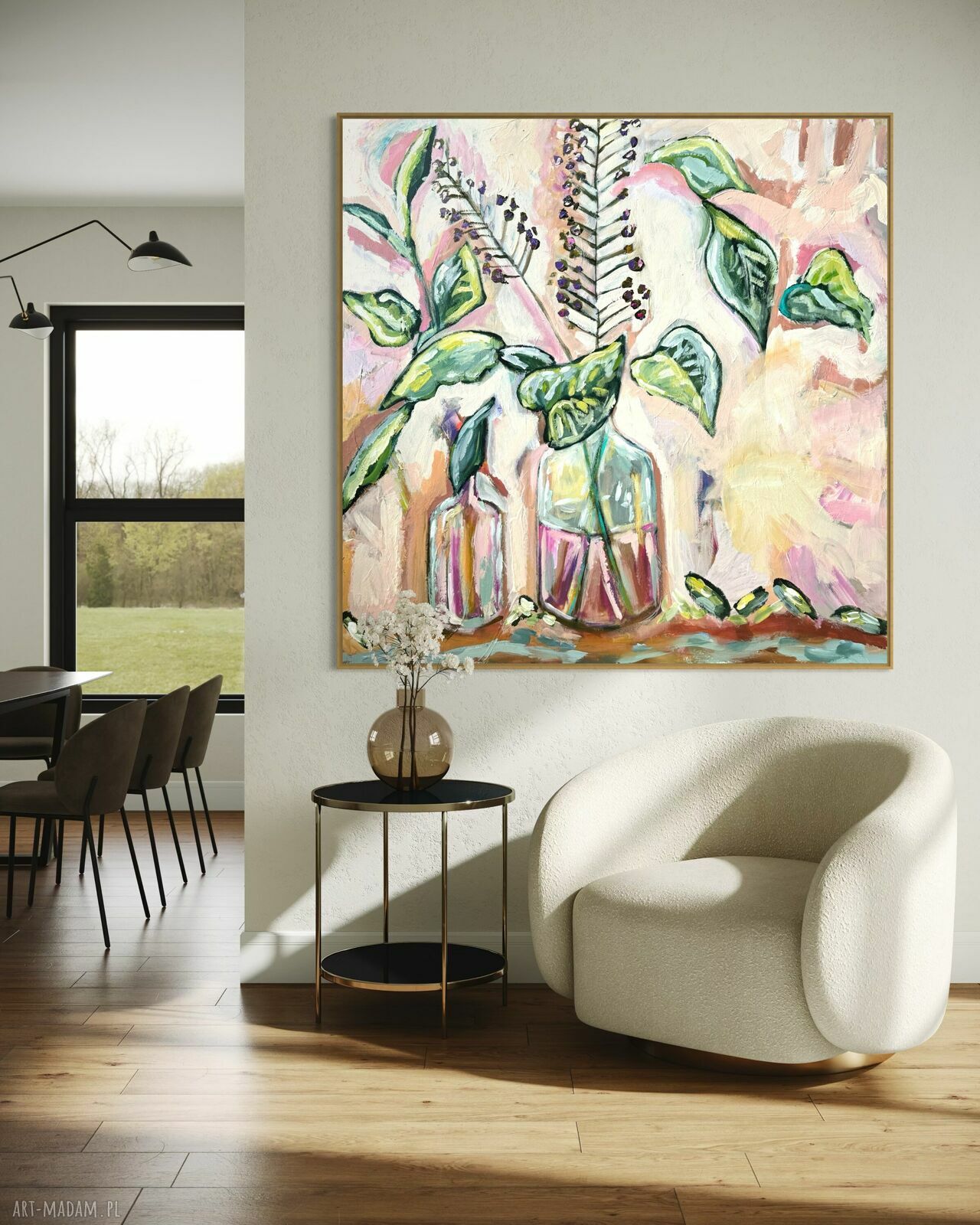Ręcznie malowany obraz 100x100 cm - abstrakcja z motywem kwiatów do salonu