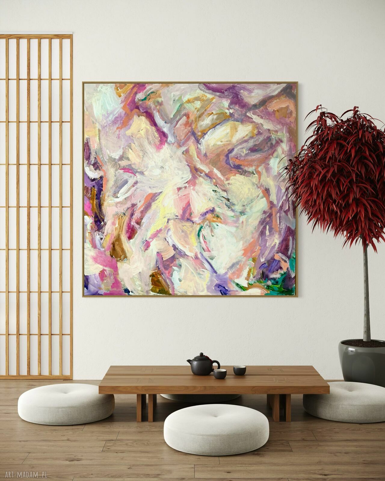 Duży obraz 110x110 cm na płótnie - abstrakcja w kolorze różowym do salonu