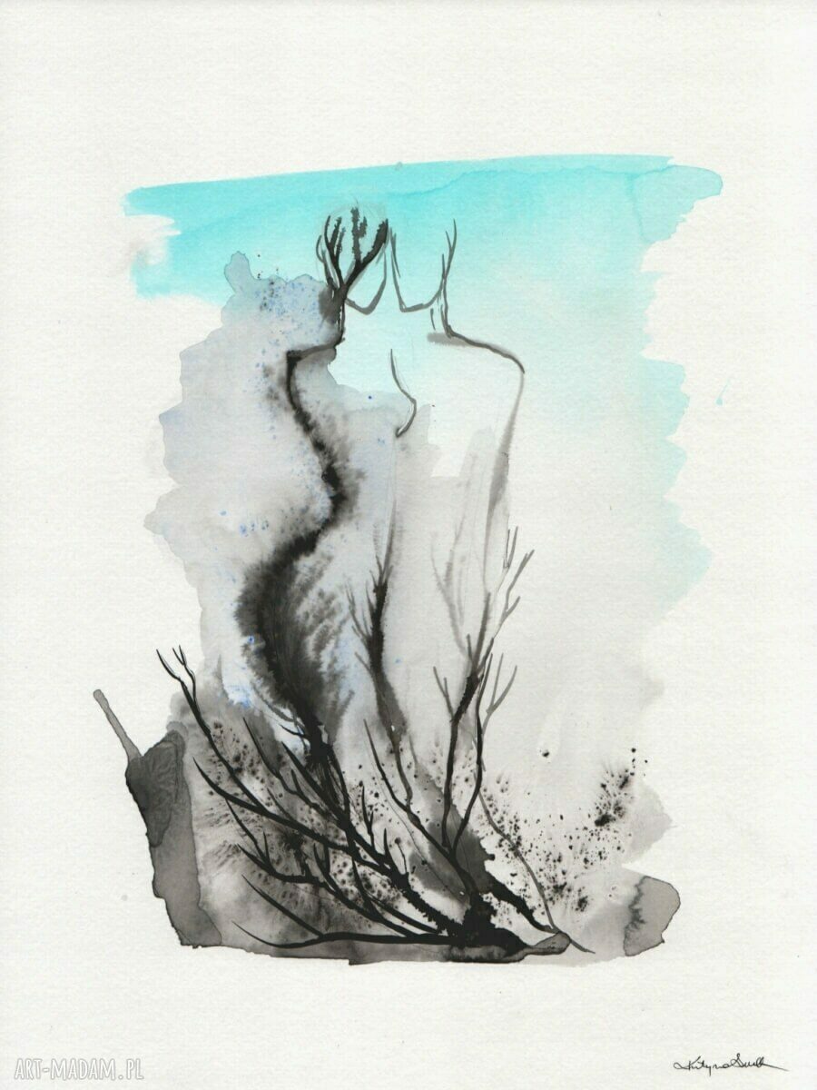 Ręcznie malowany obraz 30x40 cm - abstrakcja tuszem na papierze akwarelowym