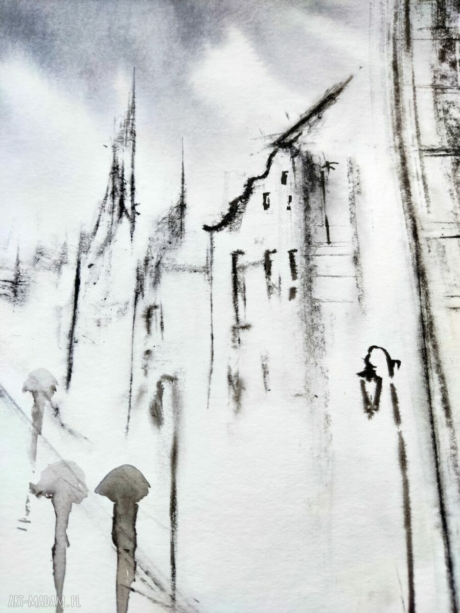Czarno-biały obraz 30x40 cm malowany ręcznie tuszem na papierze akwarelowym