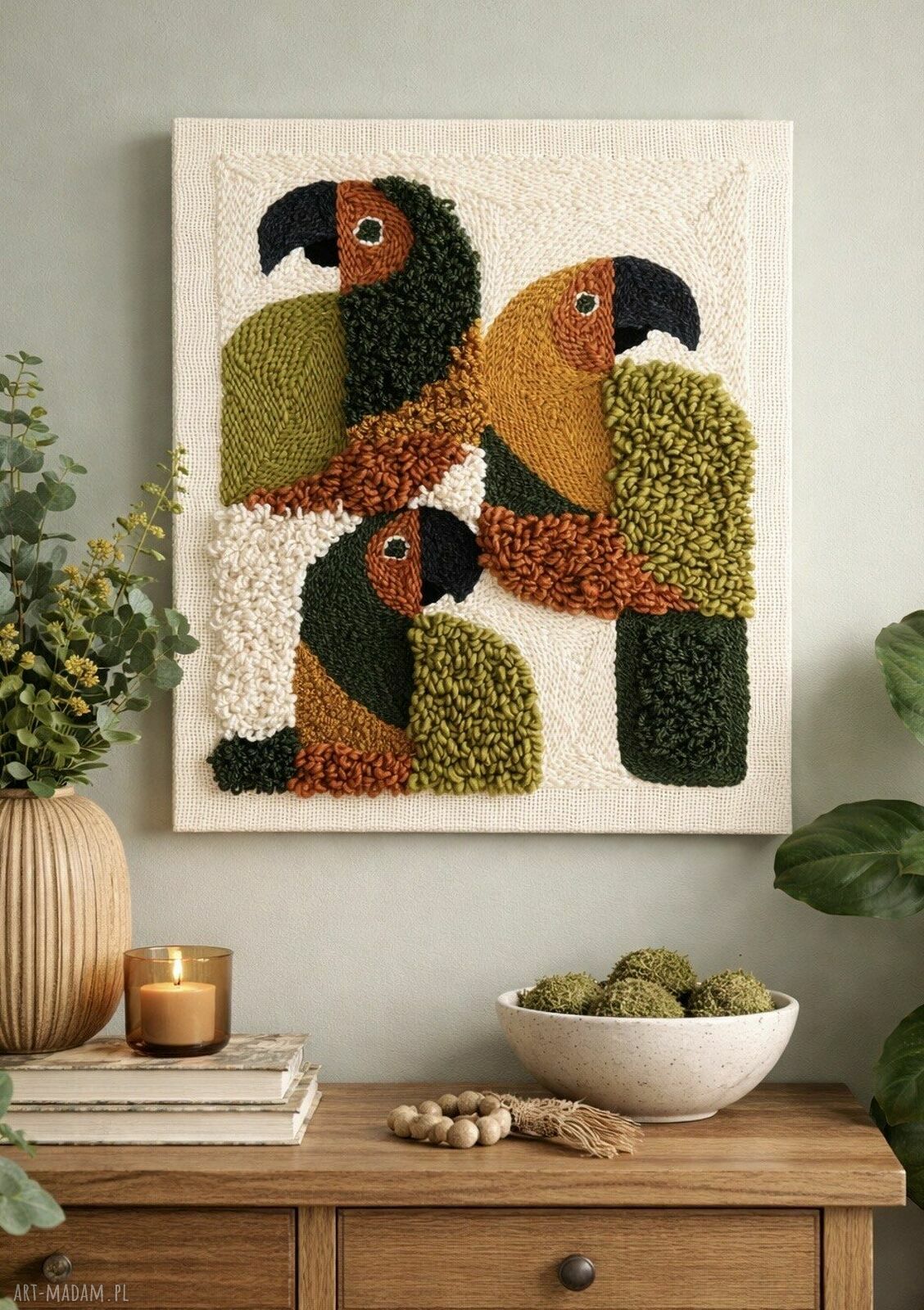Sznurkowelove: ręcznie tkany obraz z papugami 50x60 cm efekt 3D