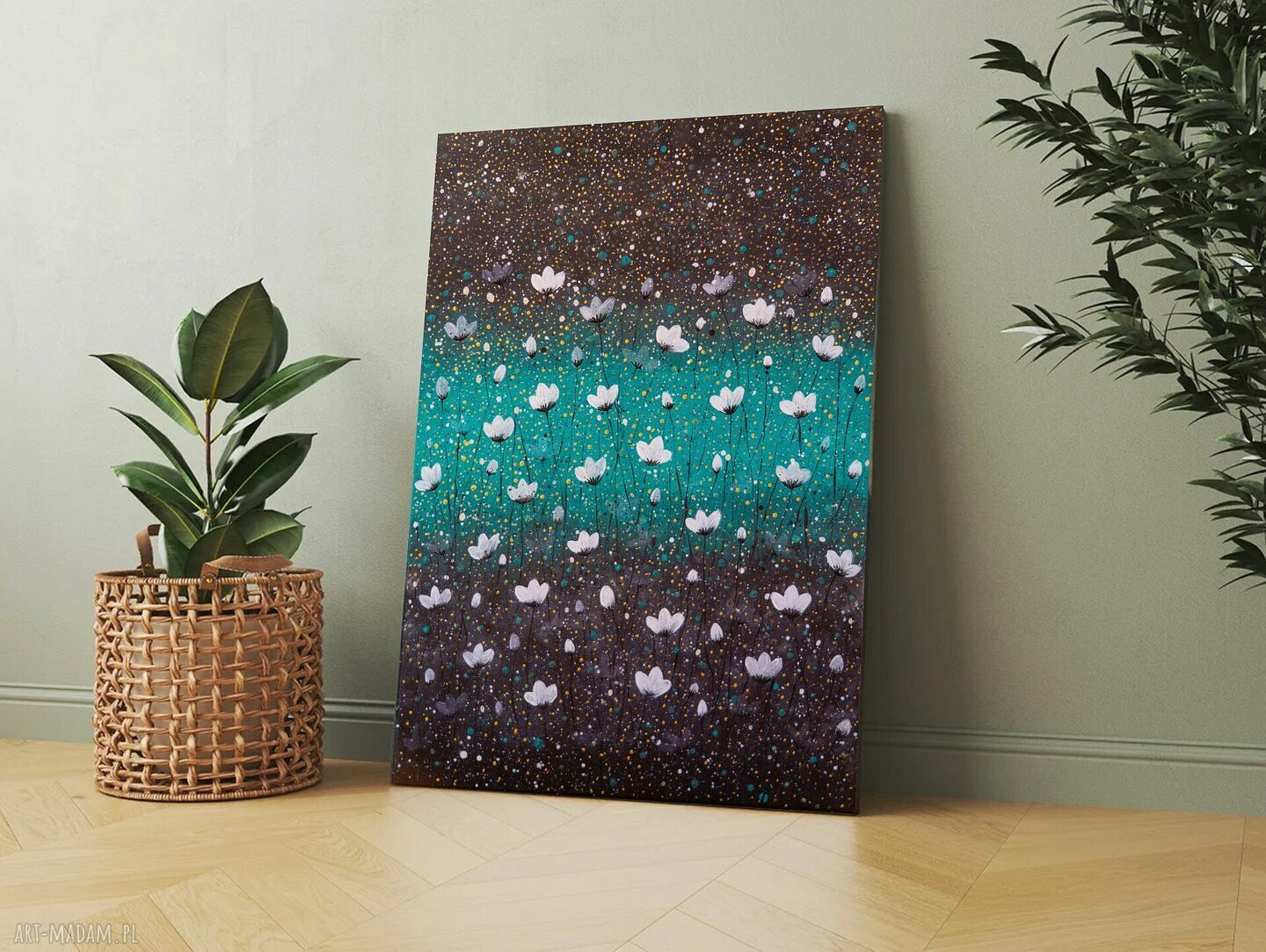 Obraz 50x70 cm - białe kwiaty na turkusowym tle (abstrakcja ze złotą farbą)