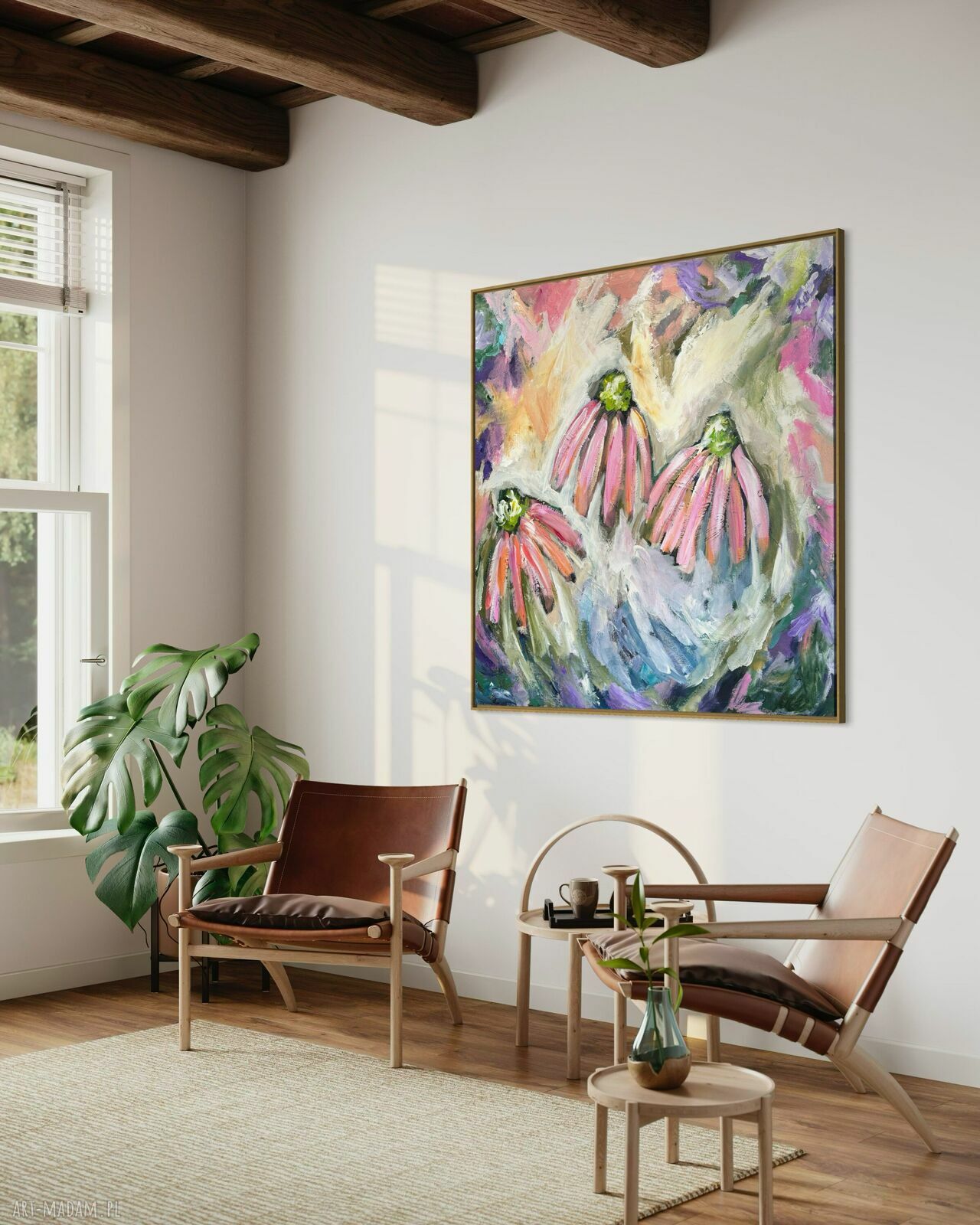 Ręcznie malowany obraz 80x80 cm - kolorowa abstrakcja na płótnie