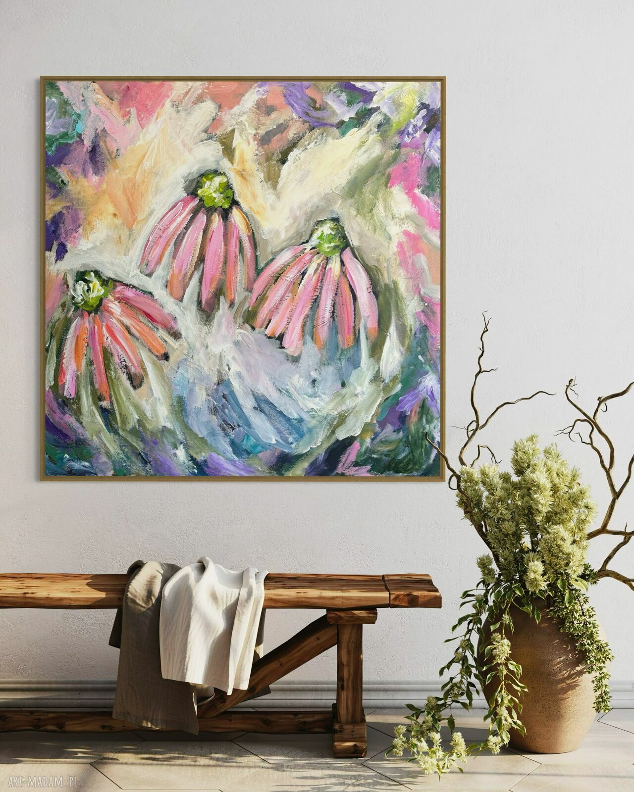 Ręcznie malowany obraz 80x80 cm - kolorowa abstrakcja na płótnie