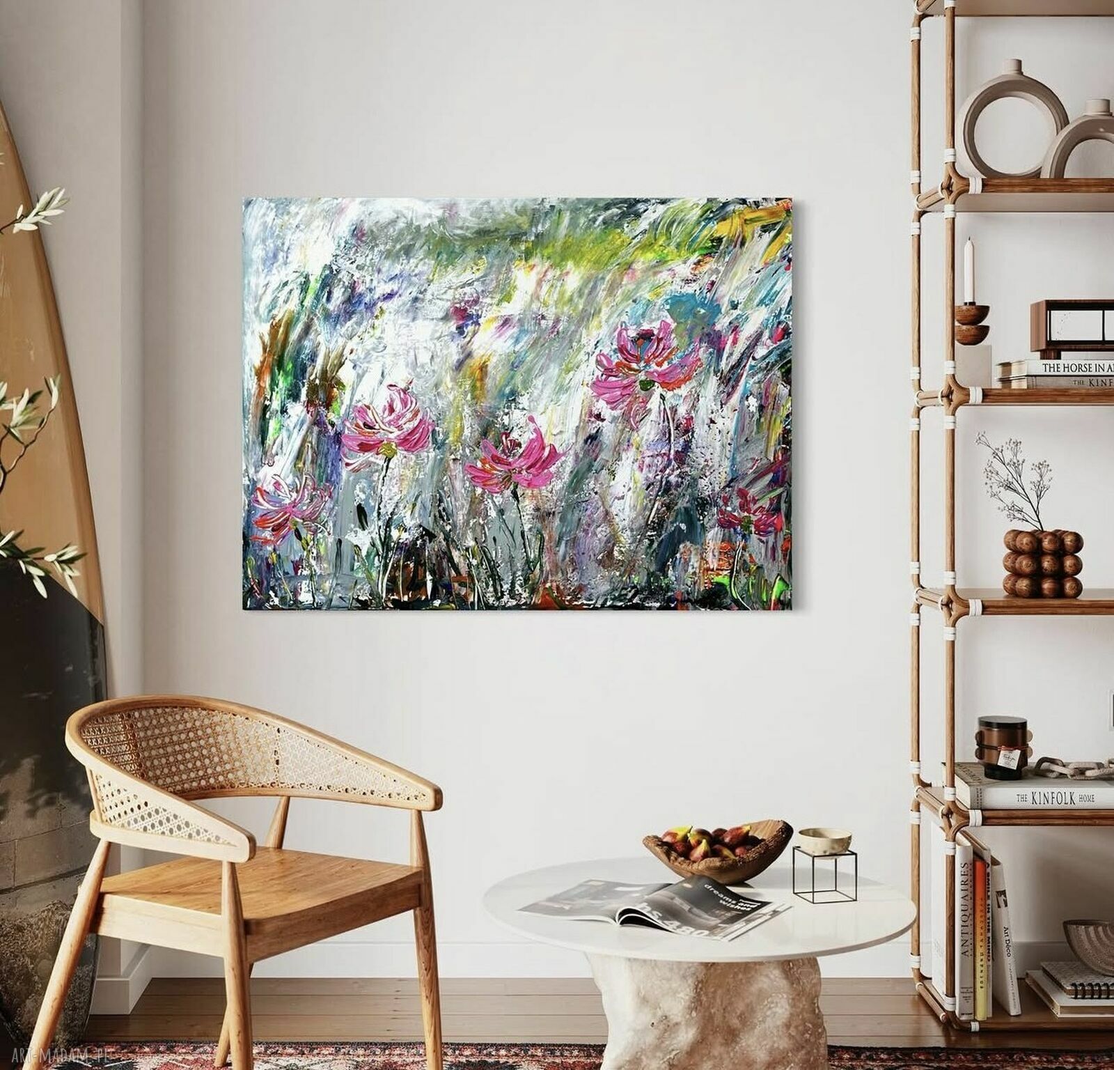 Obraz 90x60 cm - abstrakcja z kwiatami do salonu (ręcznie malowany)