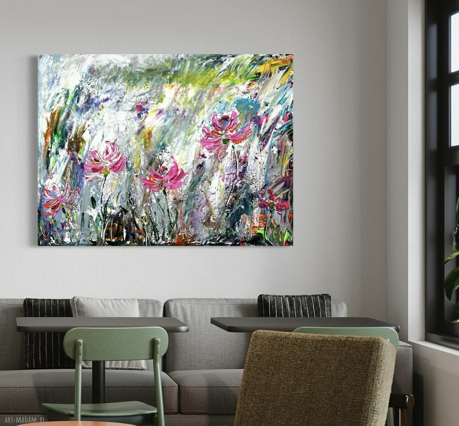 Obraz 90x60 cm - abstrakcja z kwiatami do salonu ręcznie malowany