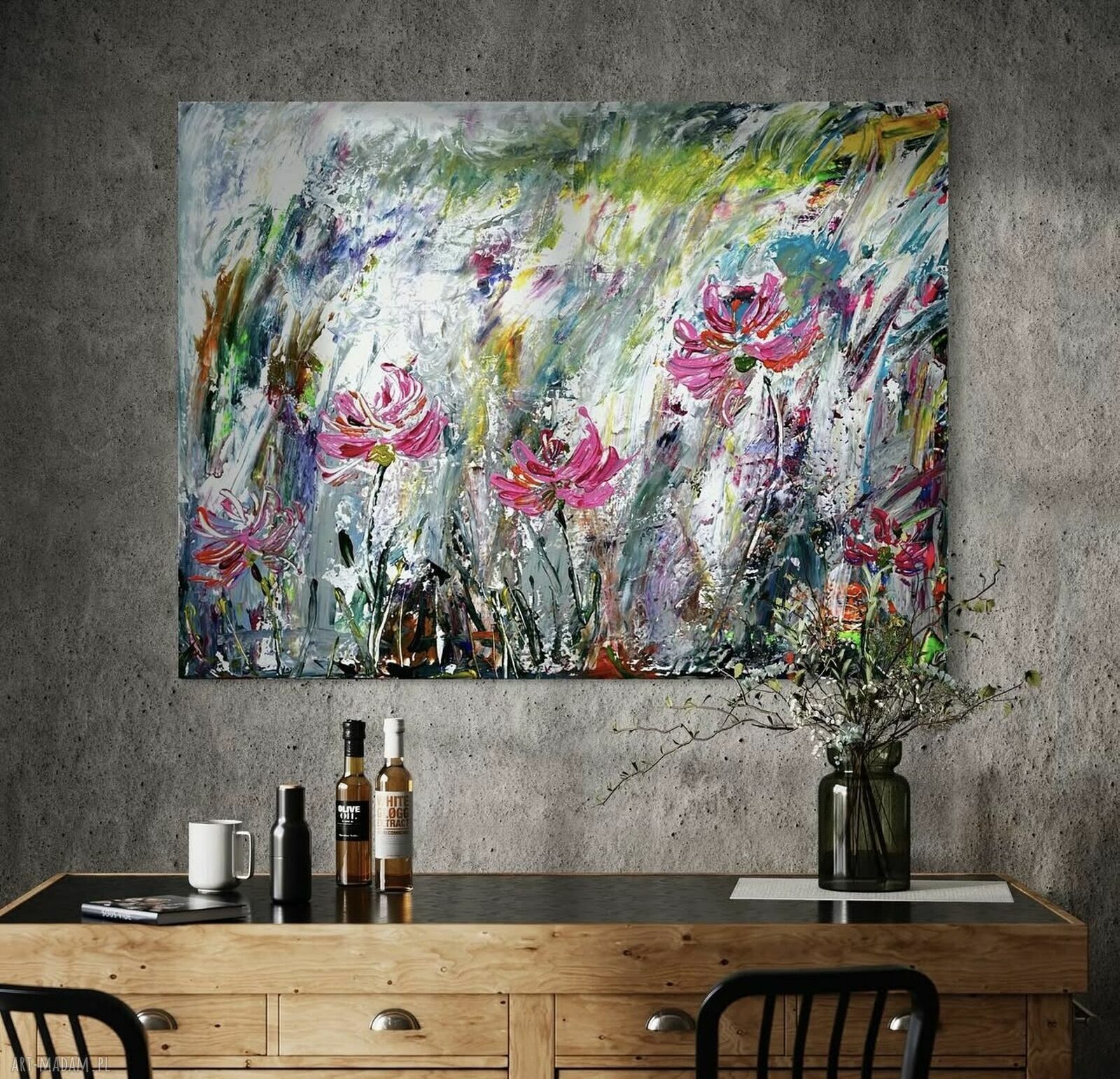 Obraz 90x60 cm - abstrakcja z kwiatami do salonu (ręcznie malowany)