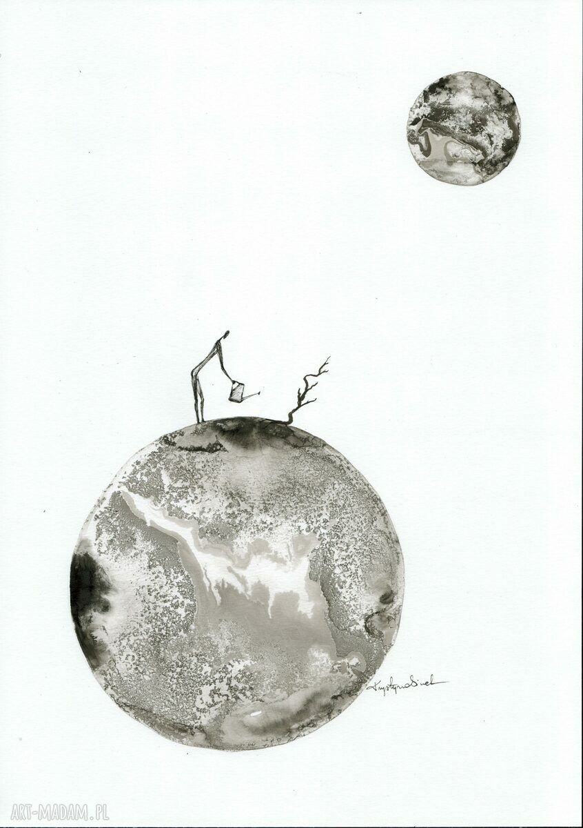 Minimalistyczna czarno-biała abstrakcja Dreams - ręcznie malowana tuszem 30x40 cm