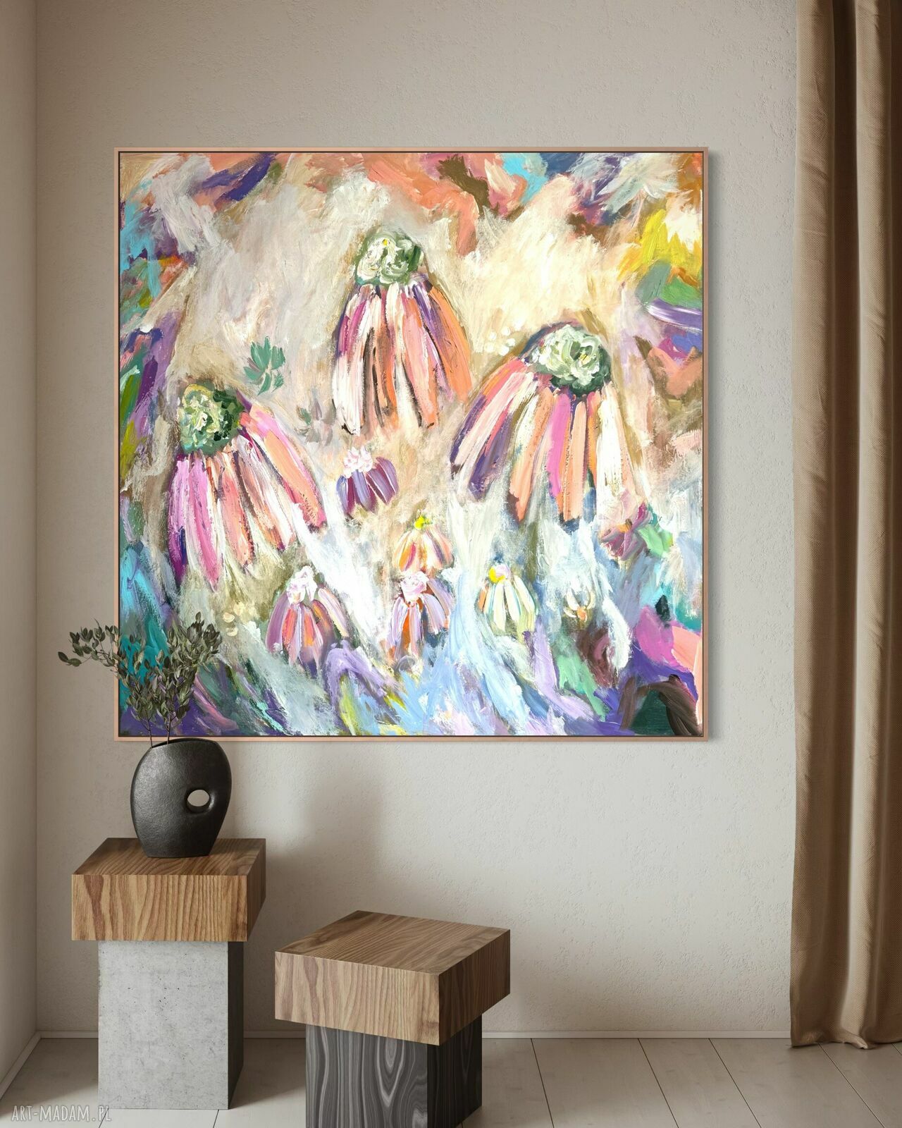 Obraz abstrakcja kwiaty 100x100 cm - ręcznie malowany akryl na płótnie