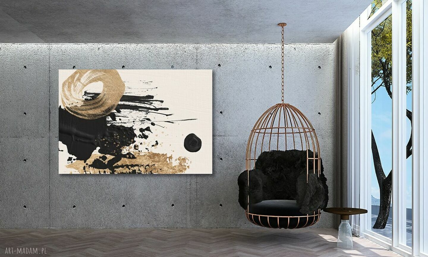 Nowoczesny obraz abstrakcyjny złoto-czerń z kremowym akcentem 120x80 cm