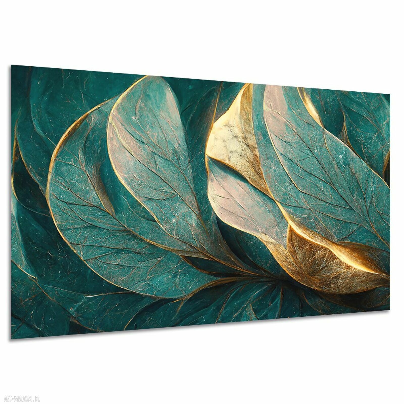 Turkusowo-złoty obraz na płótnie z liśćmi 120x80 cm