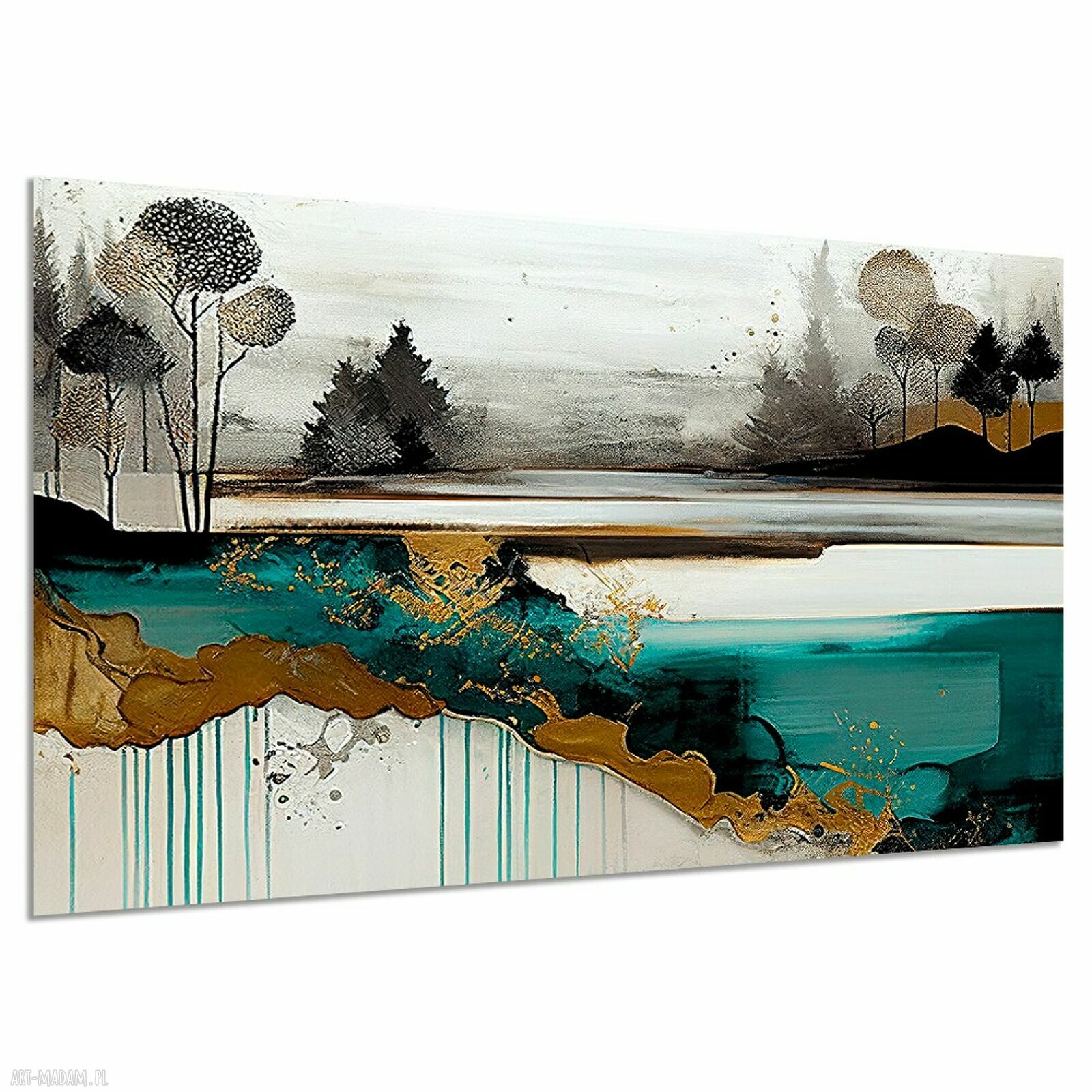 Obraz abstrakcyjny jezioro turkus i złoto 120x80 cm