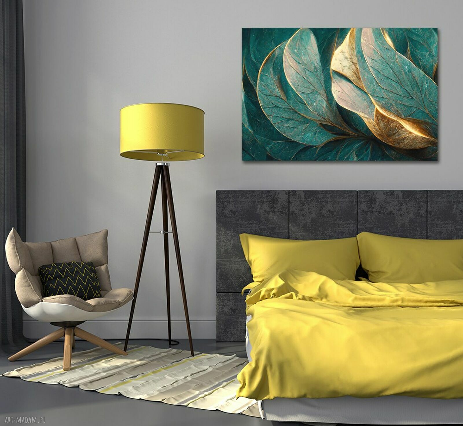 Turkusowo-złoty obraz na płótnie z liśćmi 120x80 cm