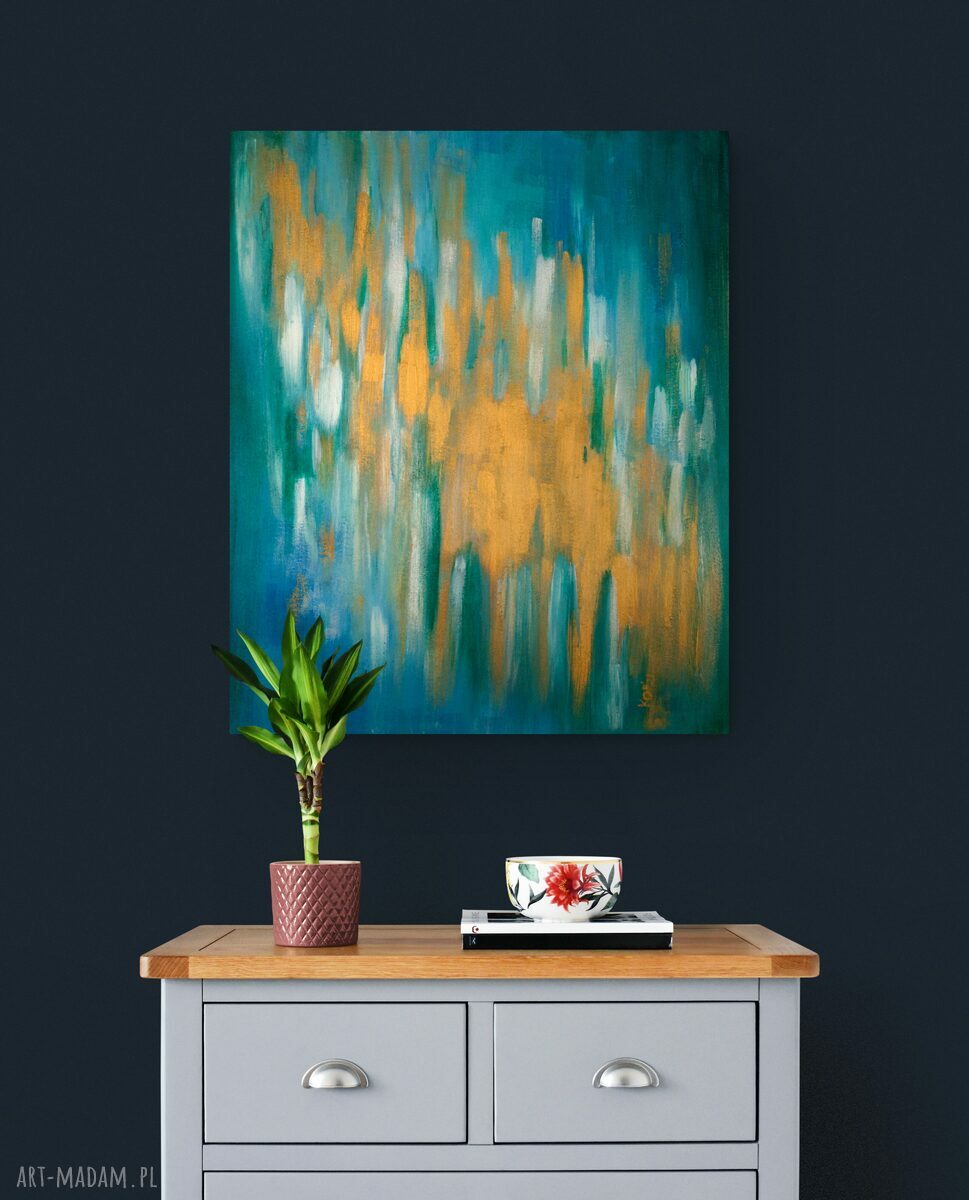Obraz abstrakcja "Złoty deszcz" 50x60 cm - złote refleksy na ścianie