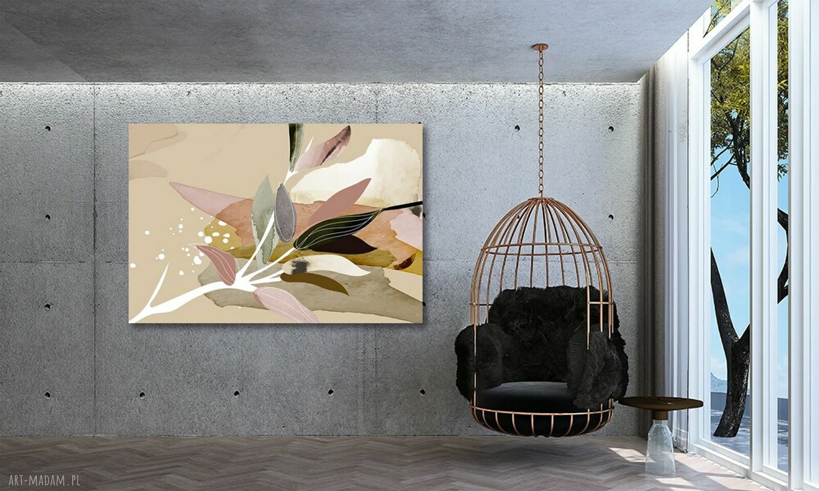 Beżowo-brązowy obraz abstrakcyjny z liśćmi i gałązką 120x80 cm