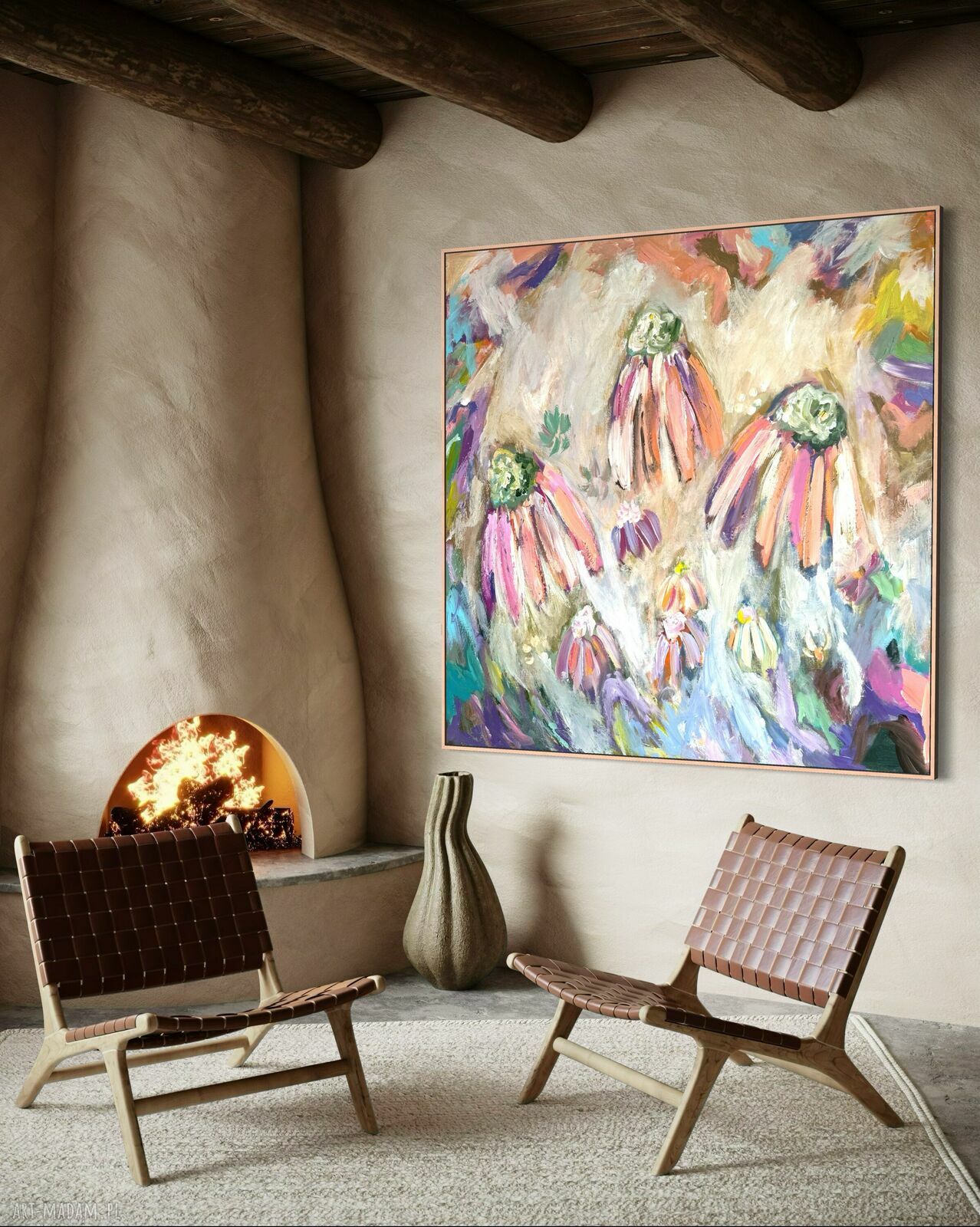 Obraz abstrakcja kwiaty 100x100 cm - ręcznie malowany akryl na płótnie