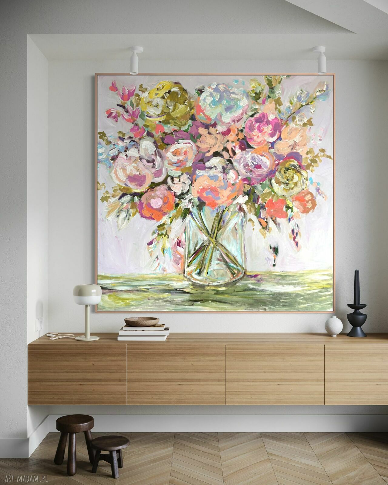 Obraz abstrakcja kwiaty 100x100 cm - nowoczesny, ręcznie malowany akryl