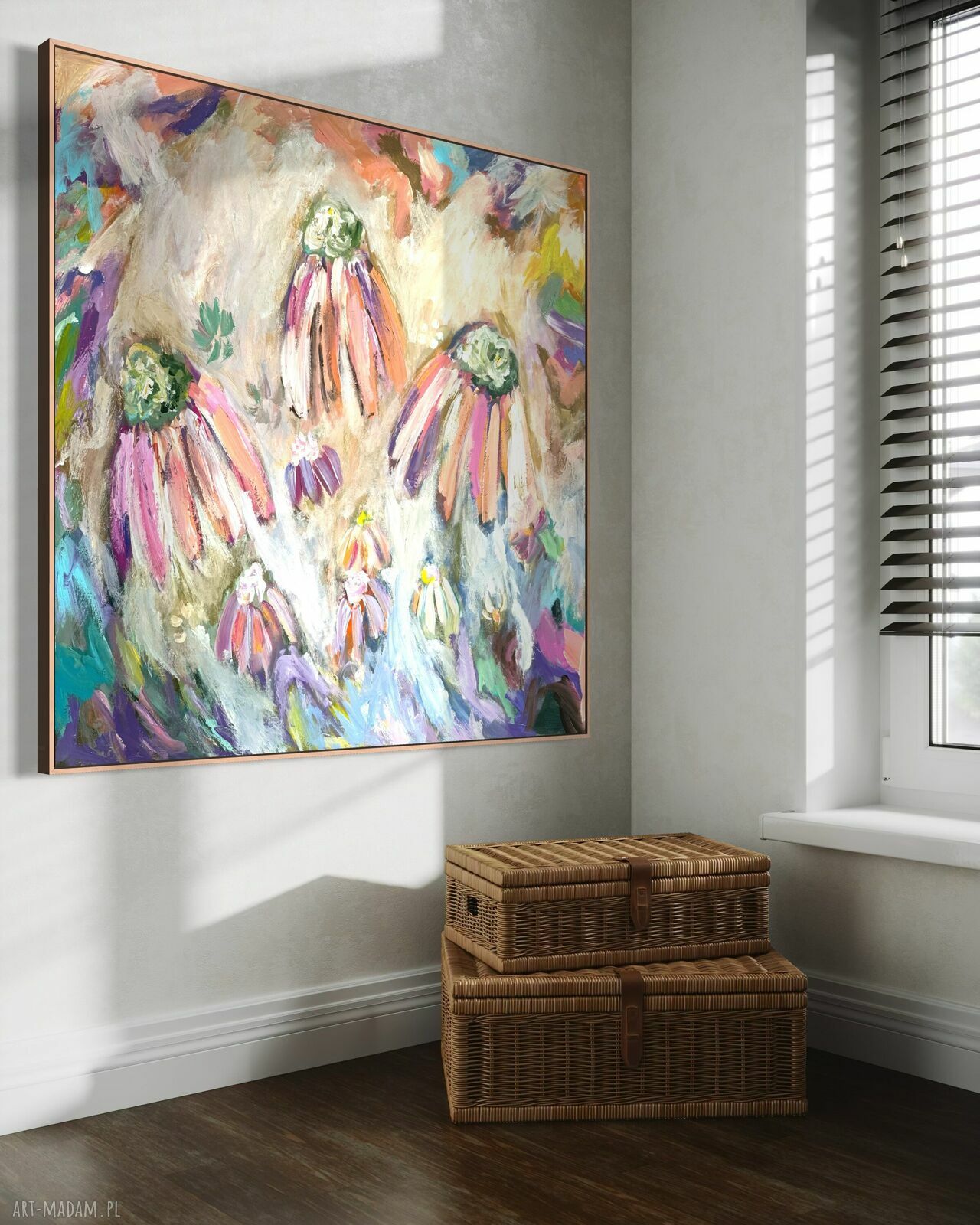 Obraz abstrakcja kwiaty 100x100 cm - ręcznie malowany akryl na płótnie