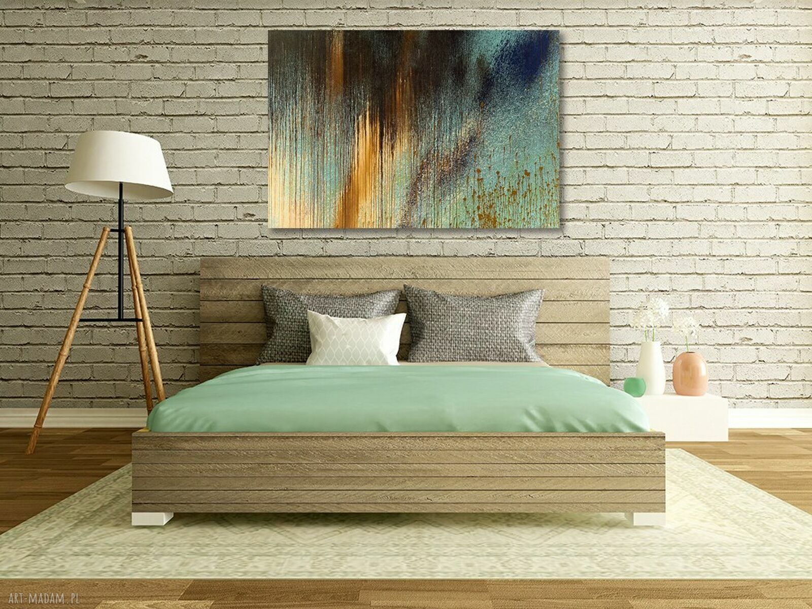 Nowoczesny obraz abstrakcyjny na płótnie - brązowe i turkusowe zacieki 120x80 cm