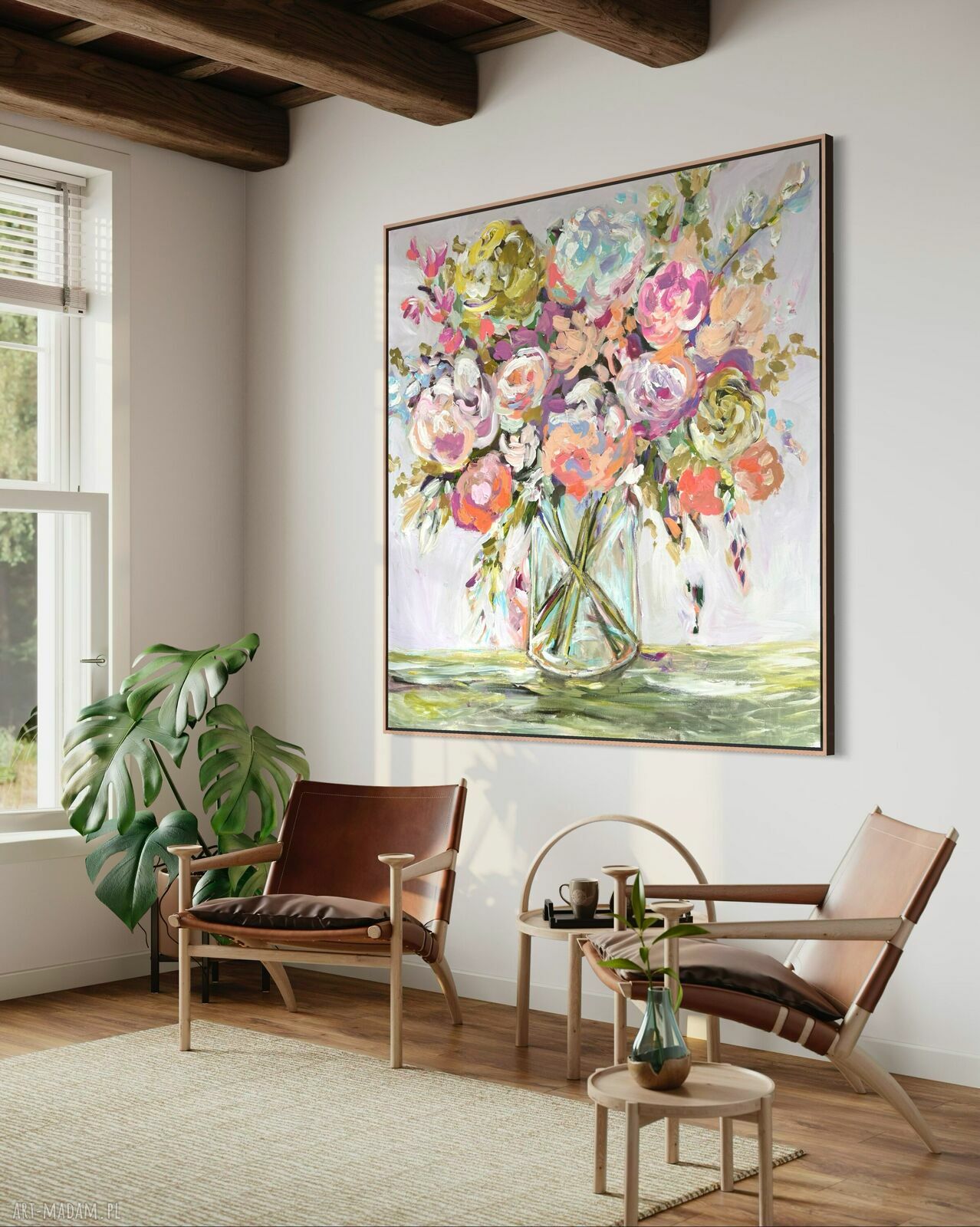 Obraz abstrakcja kwiaty 100x100 cm - nowoczesny, ręcznie malowany akryl