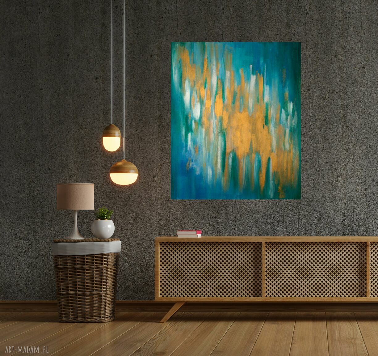 Obraz abstrakcja "Złoty deszcz" 50x60 cm - złote refleksy na ścianie