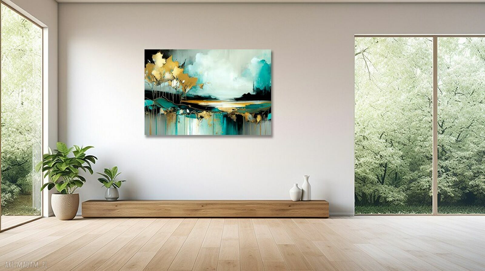 Obraz abstrakcyjny turkus i złoto - nowoczesny krajobraz 120x80 cm
