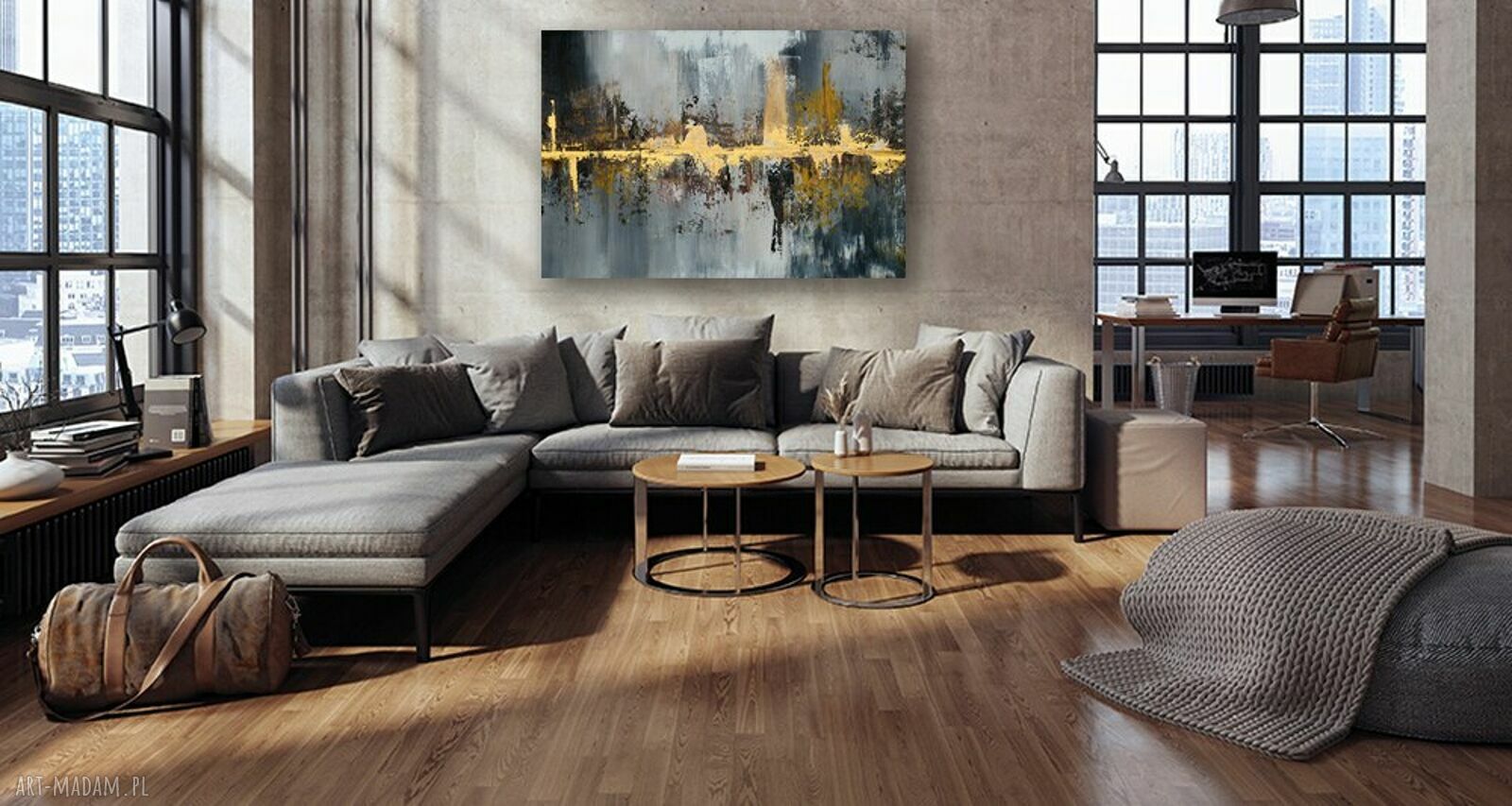 Abstrakcyjny obraz na płótnie 120x80 cm w złocie, szarości i czerni